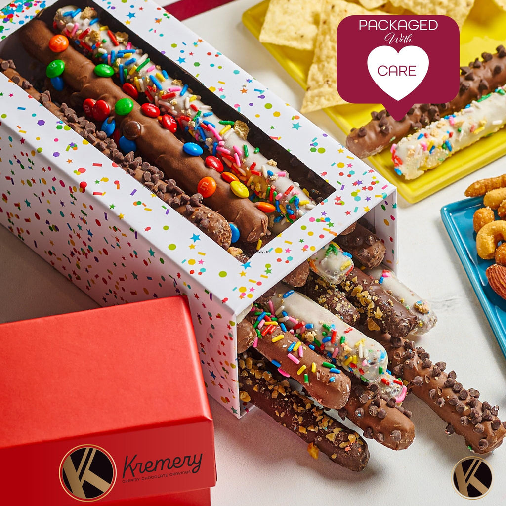 KREMERY Creamy Chocolate Cravings - Fathers Day Treats, Gift For Dad, Chocolate Covered Pretzel Rods Gift Basket with Candied Toppings (8 Pretzels) Sweet Treats in Clear Tube Kosher