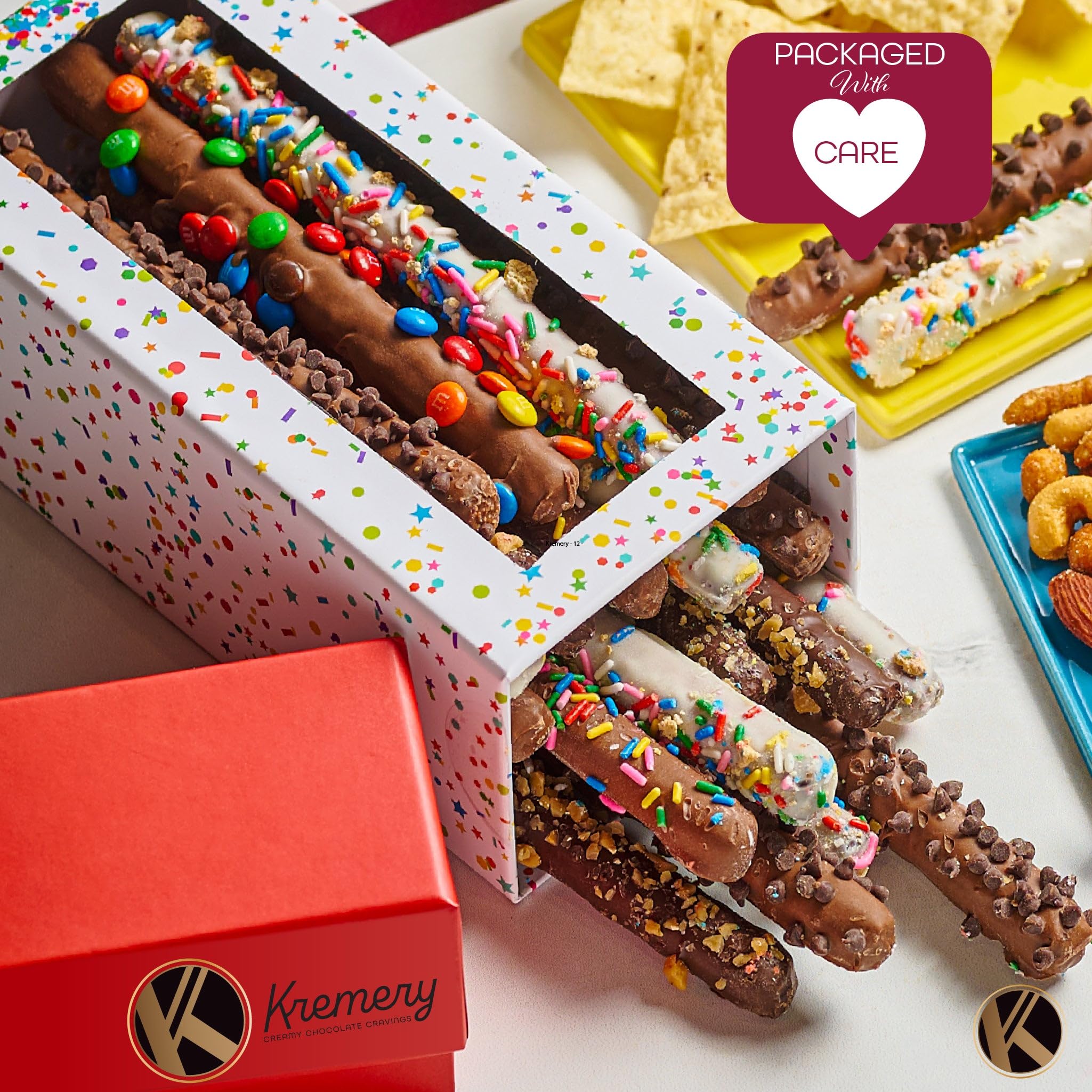 KREMERY Creamy Chocolate Cravings - Fathers Day Treats, Gift For Dad, Chocolate Covered Pretzel Rods Gift Basket with Candied Toppings (8 Pretzels) Sweet Treats in Clear Tube Kosher