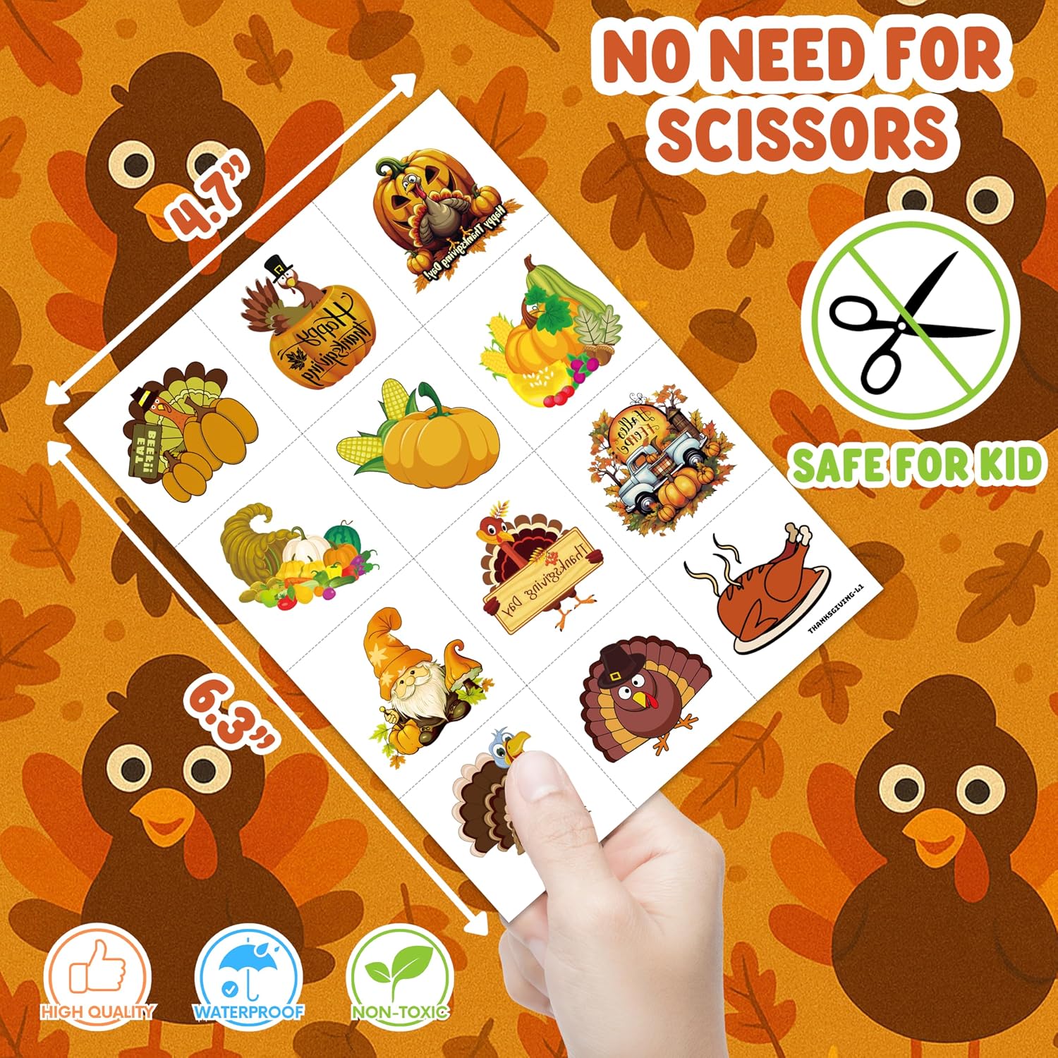96 PCS Funny Happy Thanksgiving Food Pre-cut Temporary Tattoos Stickers Fall Autumn Birthday Party Decorations Supplies Favors Decor Cute Pumpkin Turkeys Dinner Tattoo Gifts Boys Girls Prizes Holiday