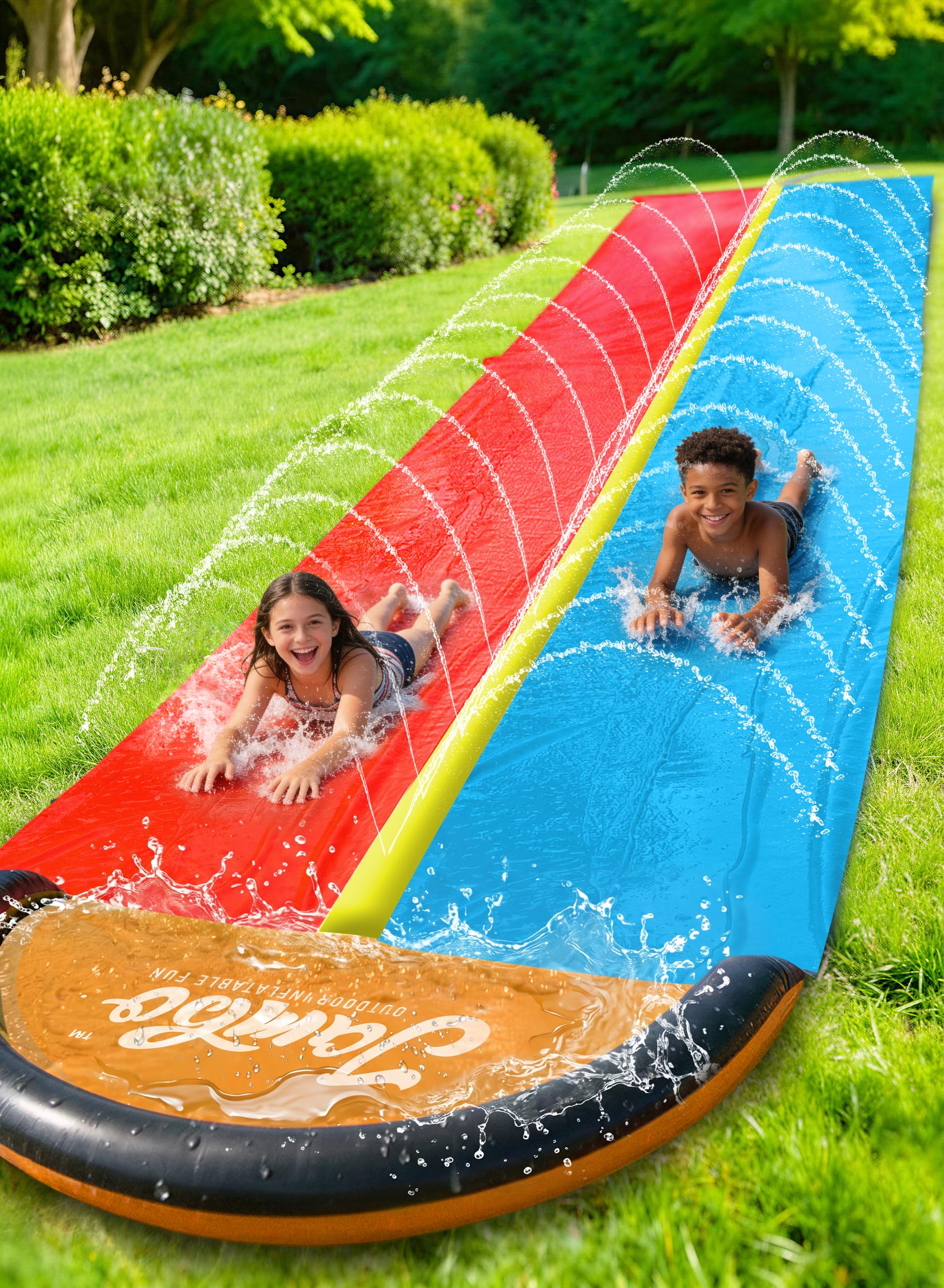 JAMBO Premium Triple Water Slide with 3 Bodyboards, 20Ft Heavy Duty Slip Splash and Slides-Advanced 3-Way Sprinkler System, Splash Pad Mat Backyard Summer Outdoor Water Toys n Long Slides for Kids