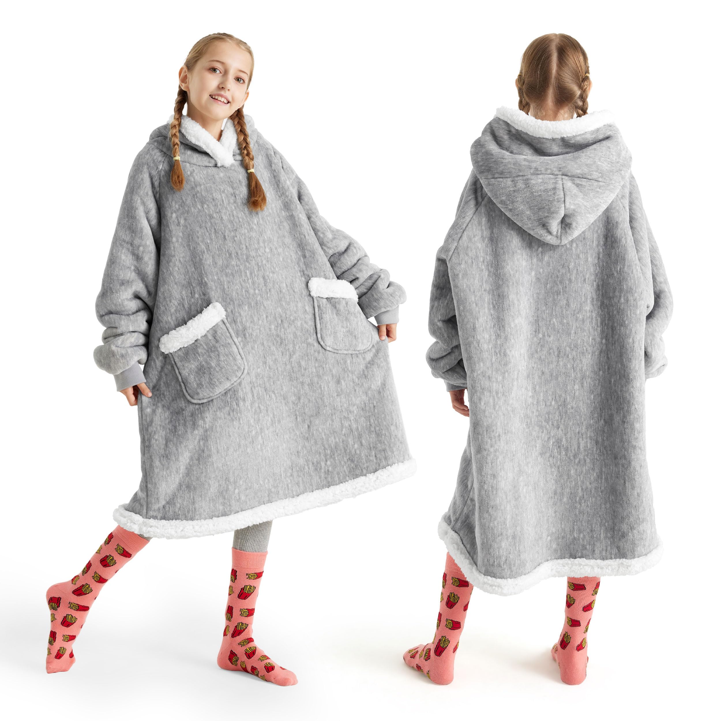 Bedsure Blanket Hoodie, Wearable Blanket Hoodie as Gifts for Mom, Birthday Gifts for Women Kids Teens Mother's Day Sherpa Sweatshirt, Grey, Standard