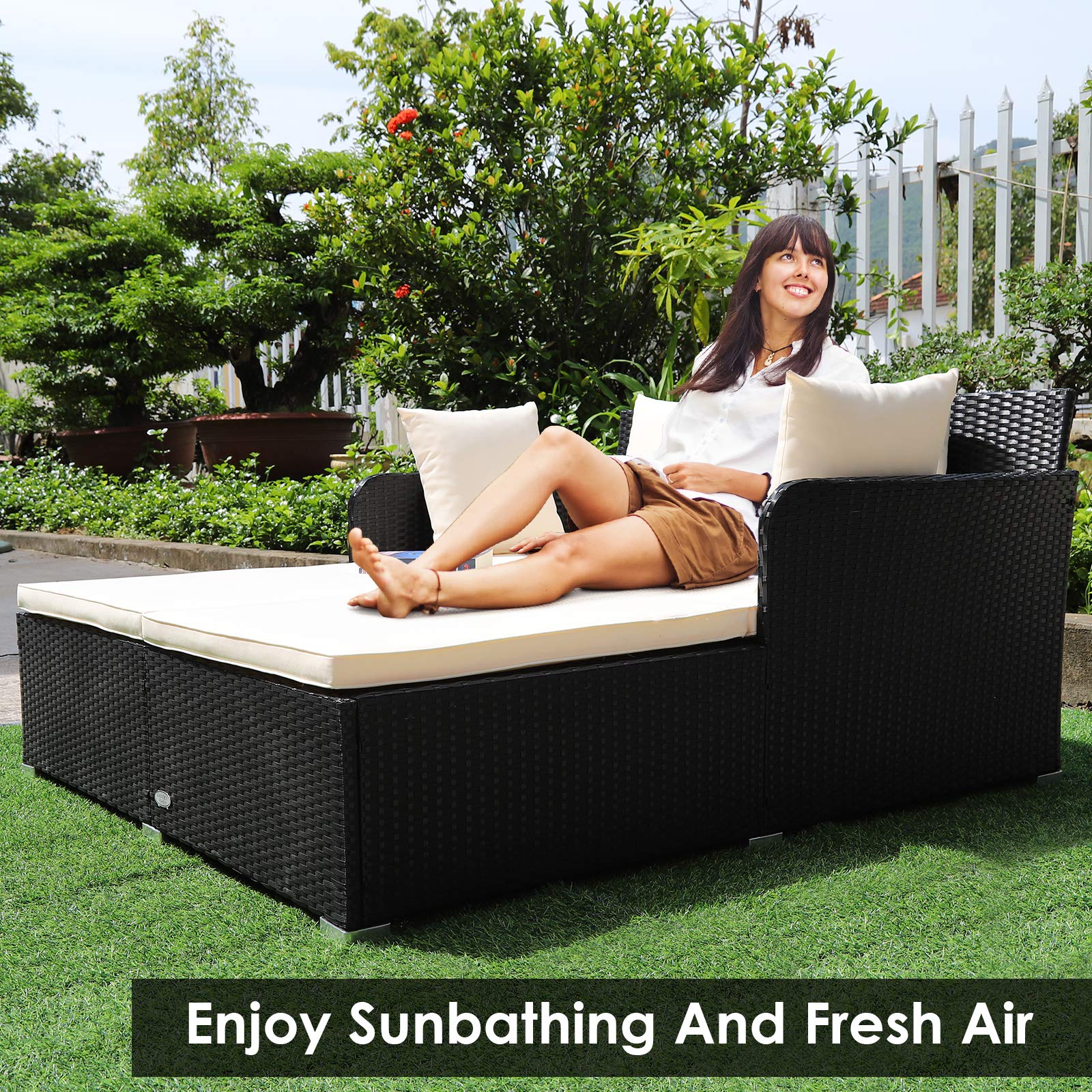 Tangkula Patio Rattan Daybed with Retractable Canopy, Outdoor Wicker Sunbed Lounger with 2 Foldable Side Tables, Thick Seat & Back Cushions, Outside Double Daybed for Garden, Backyard, Porch