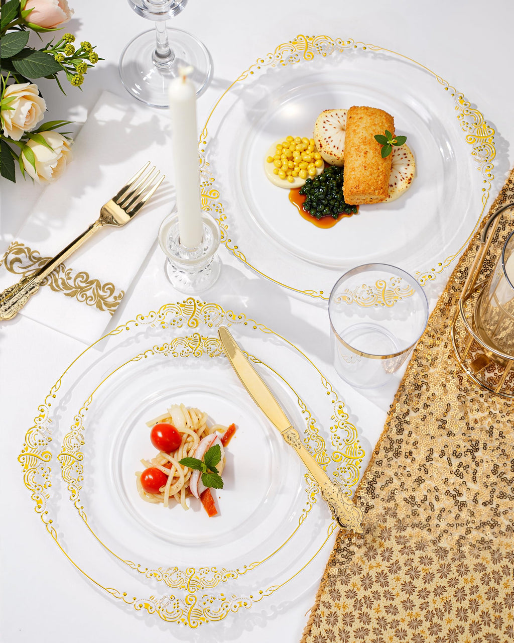 Nervure 175PCS Clear Blue Plastic Plates - Plastic Dinnerware Set Include 25Dinner Plates, 25Dessert Plates, 25Cups, 25Forks, 25Knives, 25Spoons, 25Napkins Perfect for Wedding & Party