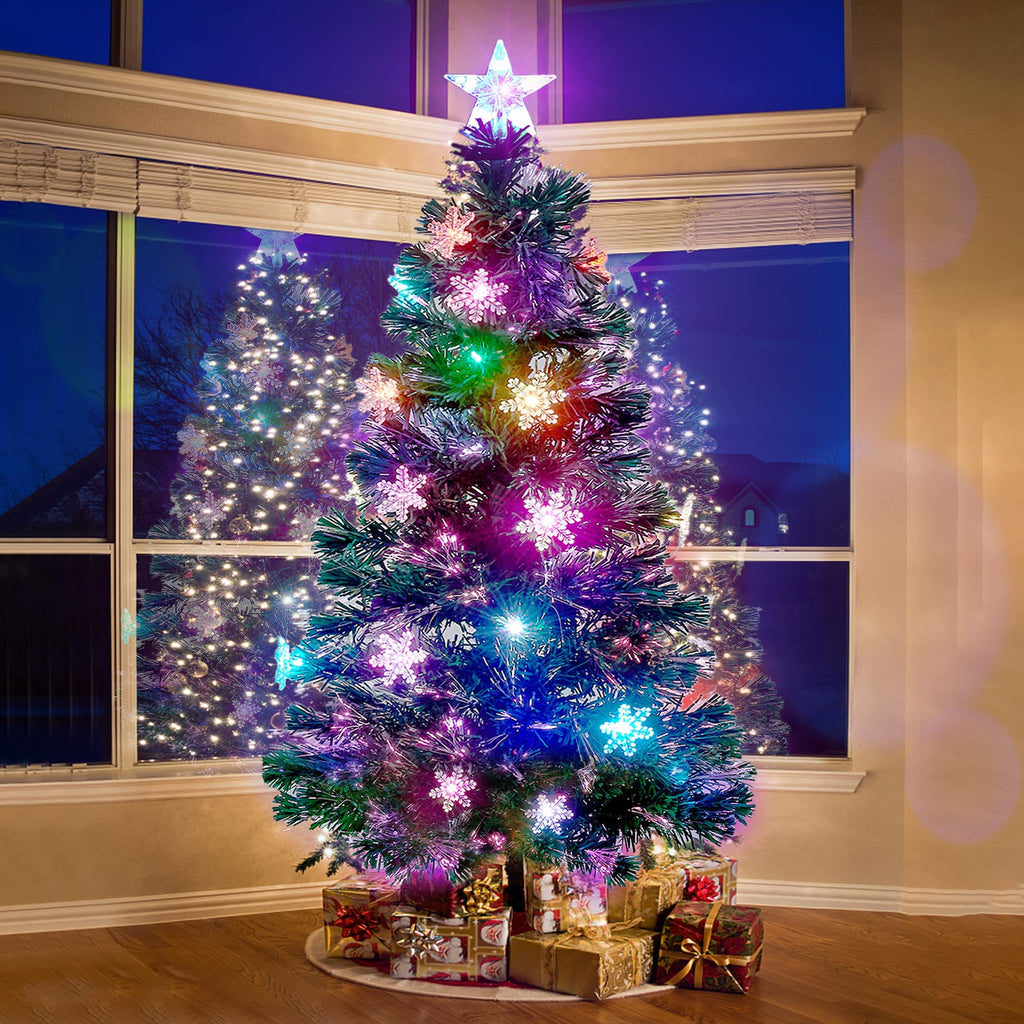 Prsildan 4 FT Artificial Christmas Tree, Pre-Lit Optical Fiber Xmas Trees with Multicolor LED Lights, Snowflakes & Top Star, Lighted Christmas Tree Holiday Home Decor