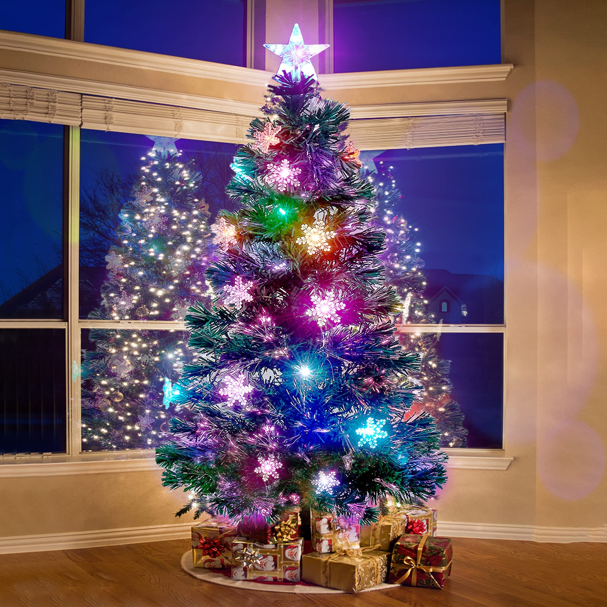 Prsildan 4 FT Artificial Christmas Tree, Pre-Lit Optical Fiber Xmas Trees with Multicolor LED Lights, Snowflakes & Top Star, Lighted Christmas Tree Holiday Home Decor