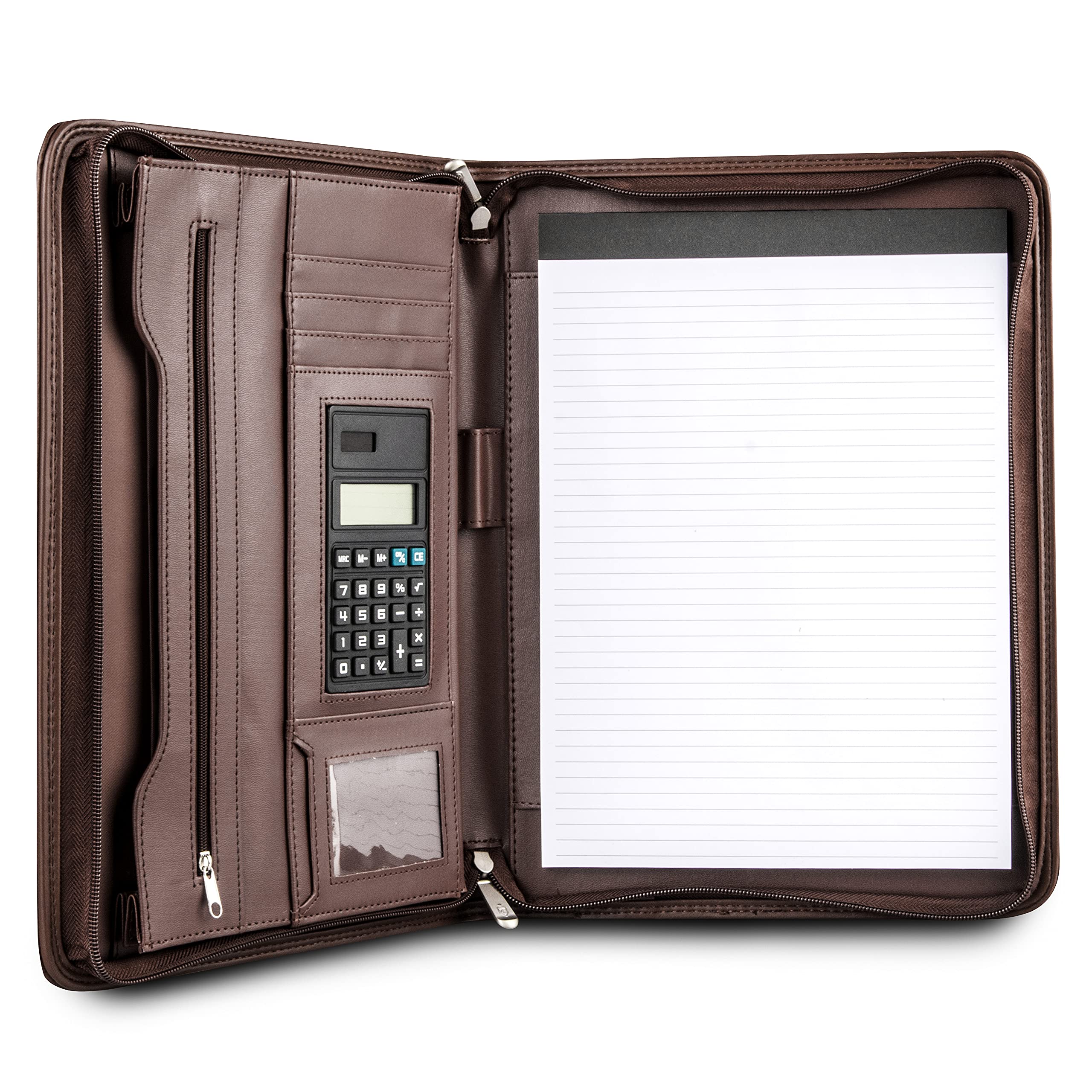 Cossini Black Superior Vegan Leather Business Portfolio with Zipper – Padfolio All-in-One. Smartest Protective 10.1 Inch Tablet Sleeve, Presentation Slot, Solar Calculator, Card Storage, Writing Pad