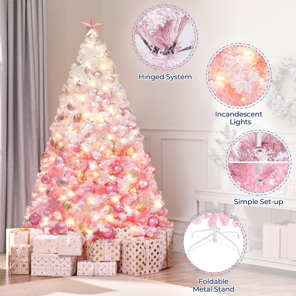 Yaheetech 6ft Snow Flocked Pre-lit Christmas Tree with 250 Warm White Lights, 820 Lush Branch Tips & Quick-Assembly Hinged Design, Full Artificial Xmas Tree for Winter Holiday Décor, Green & White