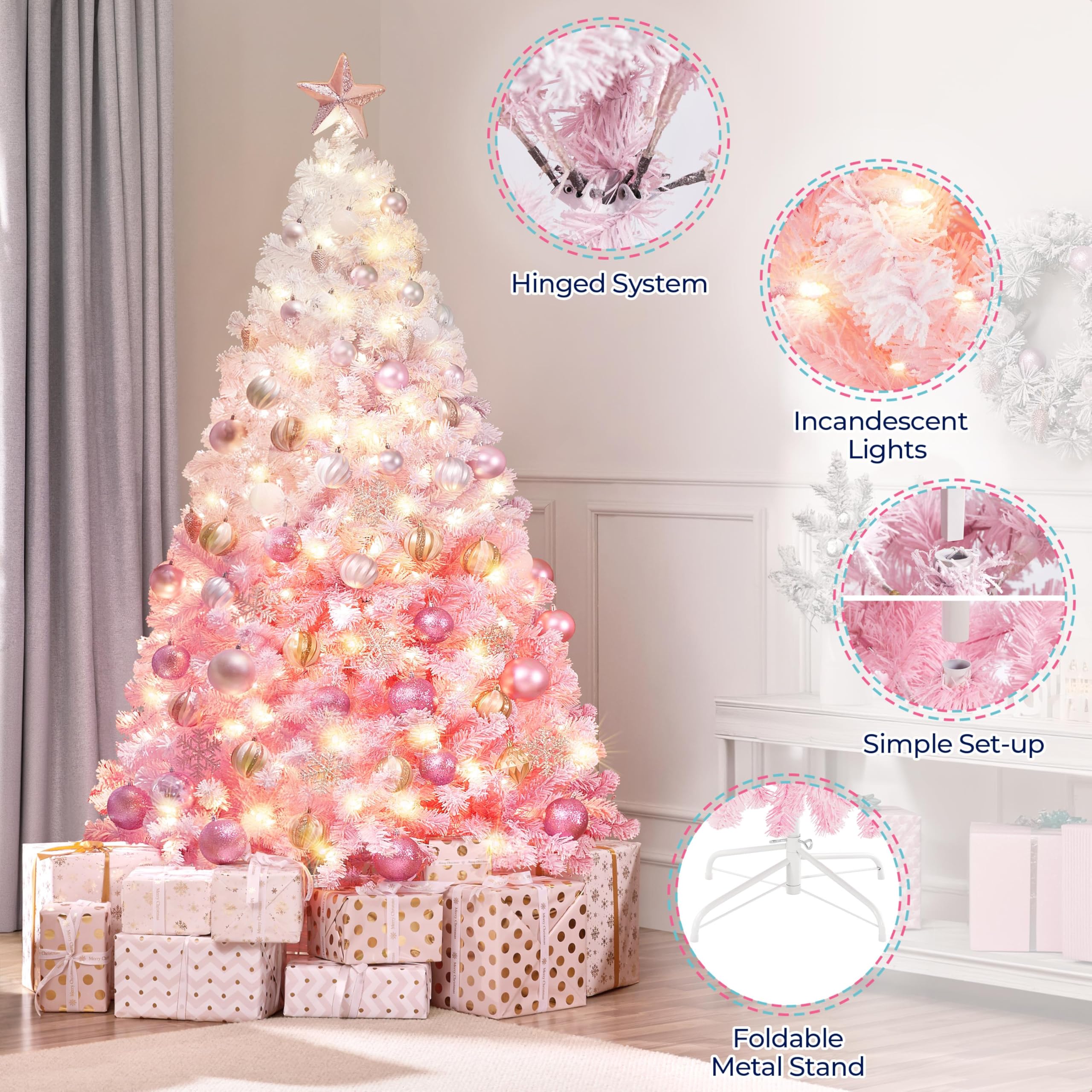 Yaheetech 6ft Snow Flocked Pre-lit Christmas Tree with 250 Warm White Lights, 820 Lush Branch Tips & Quick-Assembly Hinged Design, Full Artificial Xmas Tree for Winter Holiday Décor, Green & White