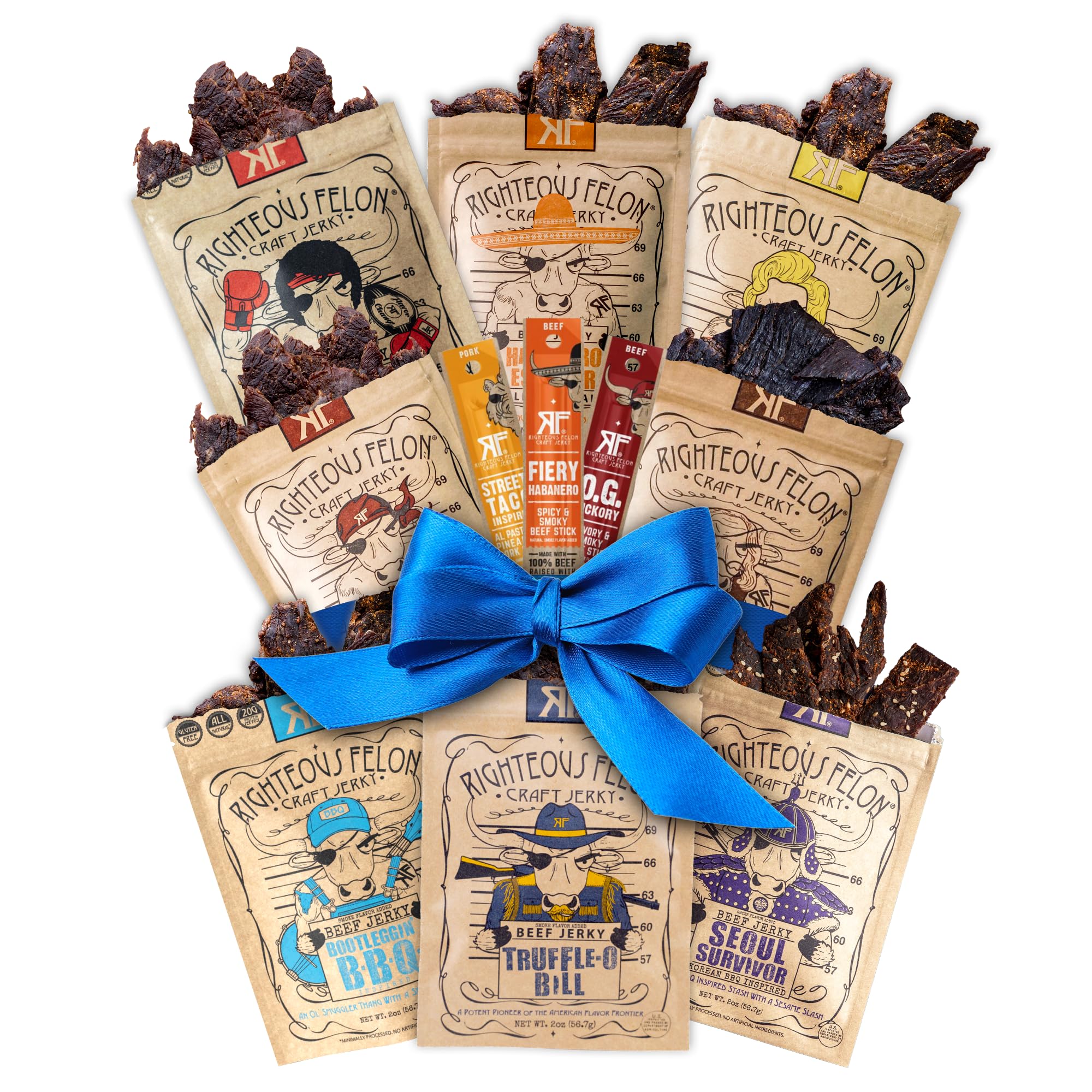 Righteous Felon Beef Jerky & Meat Sticks Variety Pack - Father's Day Jerky Sampler for Dad - Gluten Free Beef Jerky Snack Packs - High Protein, Keto, Low Sugar - Gifts for Men - 11 Pack Sampler