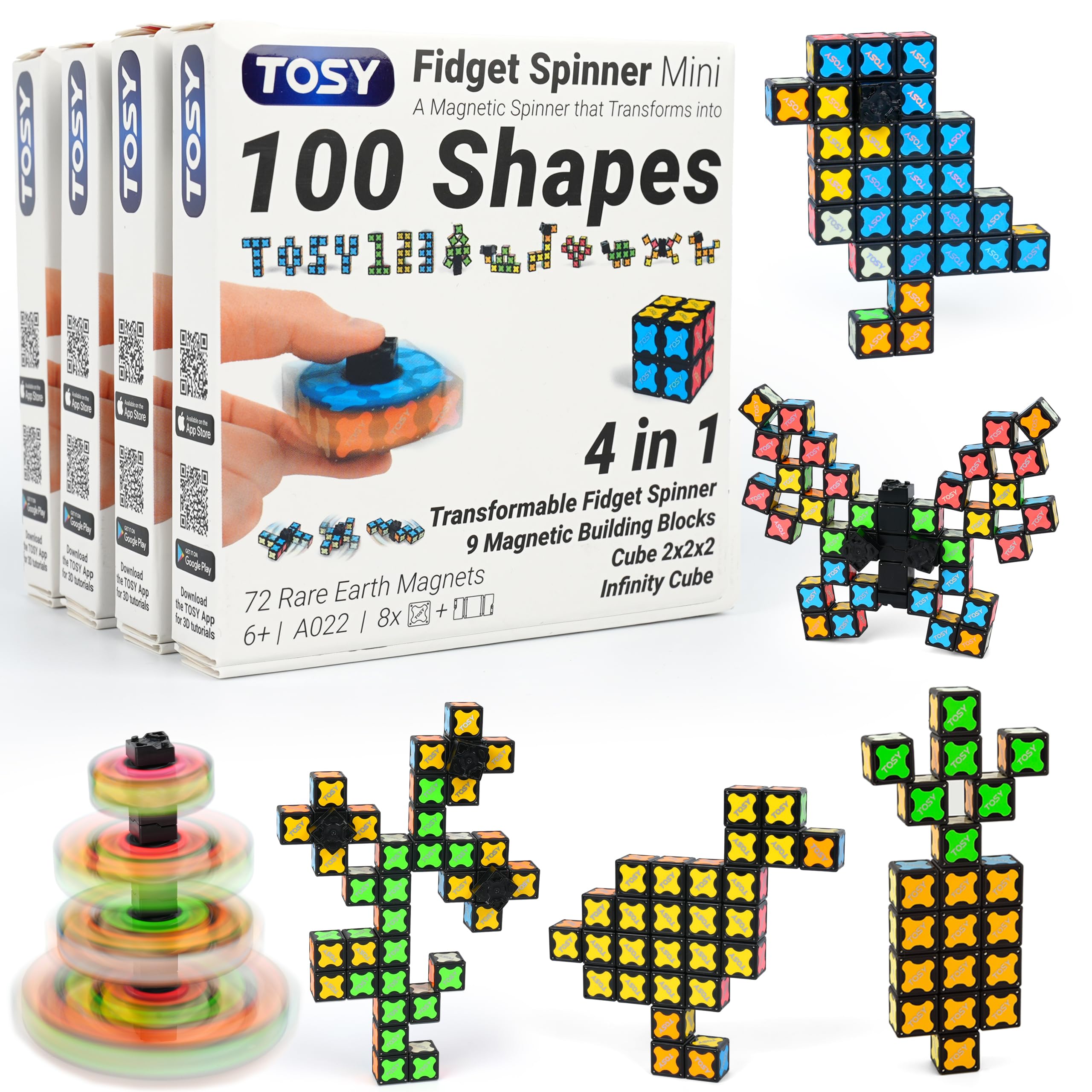 TOSY Magnet Fidget Spinner Mini - 8 Blocks, 3 in 1 Toy: Transformable Fidget Spinner, Infinity Cube, 2x2 Puzzle Cube, Easter Basket Stuffers for Kids/Adults, STEM Sensory Stress Relief Toy