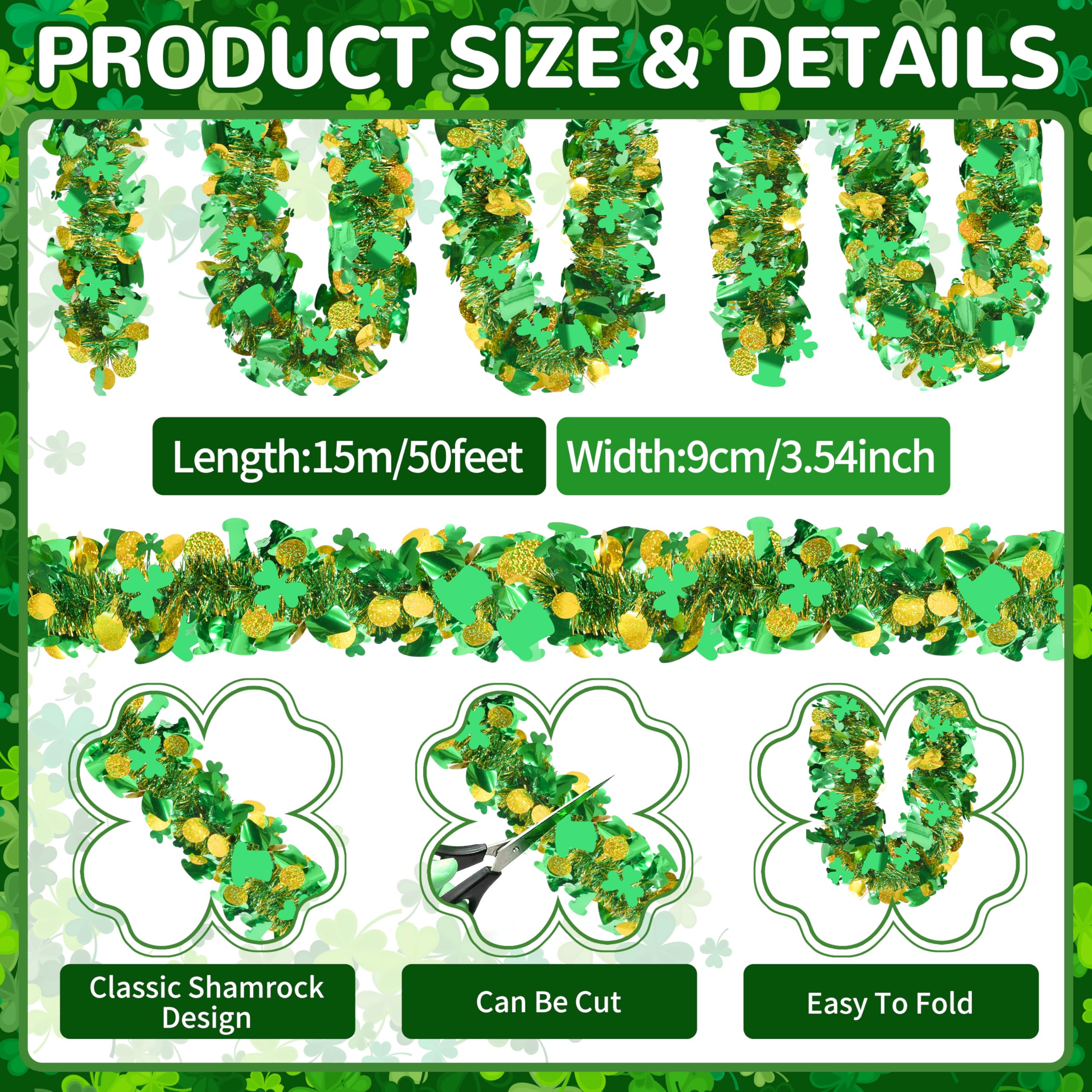 50FT St. Patrick's Day Tinsel Garland Shamrock Hat Green Gold Metallic Tinsel Twist Garland for Irish Saint Patricks Day Party Home Decor Indoor Outdoor Decoration