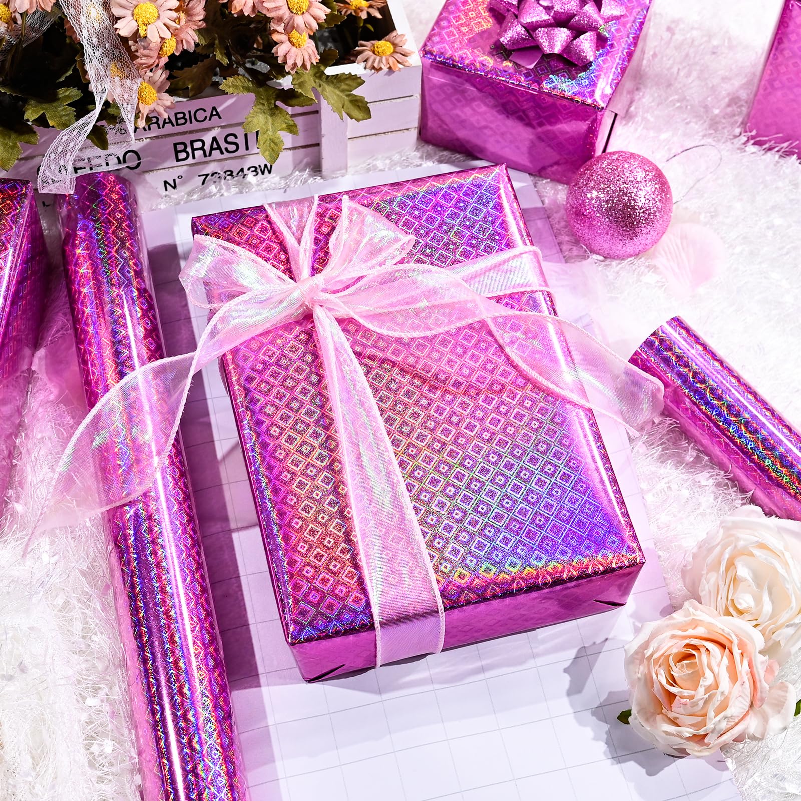 Burymento Black Wrapping Paper Roll, Metallic Holographic Stripe Gift Wrap for Birthday, Valentines, Mothers day, Graduation, Wedding, Fathers day, Baby Shower, Christmas (17 IN x 32.8 FT)