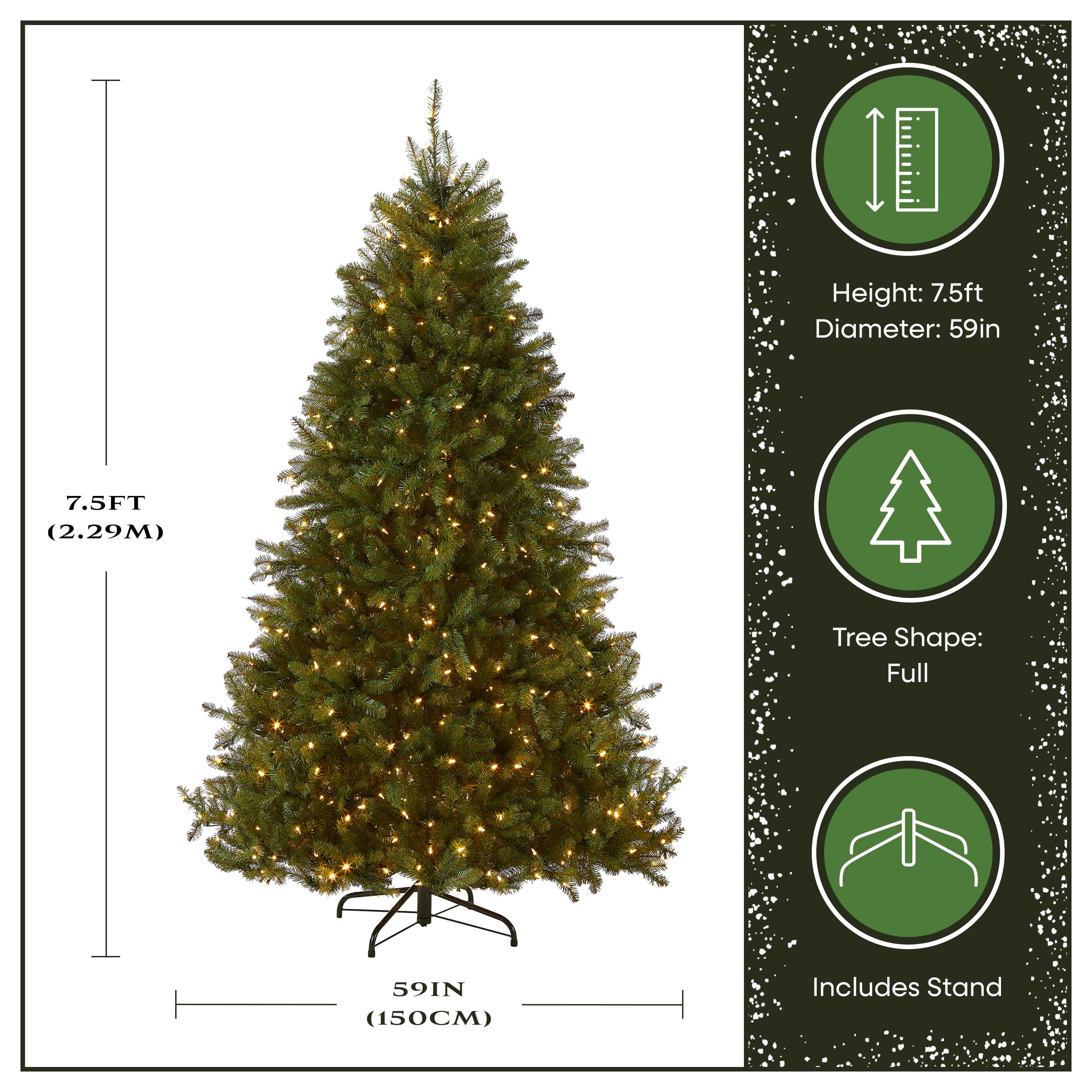 National Tree Company 7.5 ft Pre-Lit Dunhill Fir Artificial Christmas Tree, 700 LED Lights, 2,514 Tips, Foot Pedal, 10 Light Functions, Includes Stand, Green