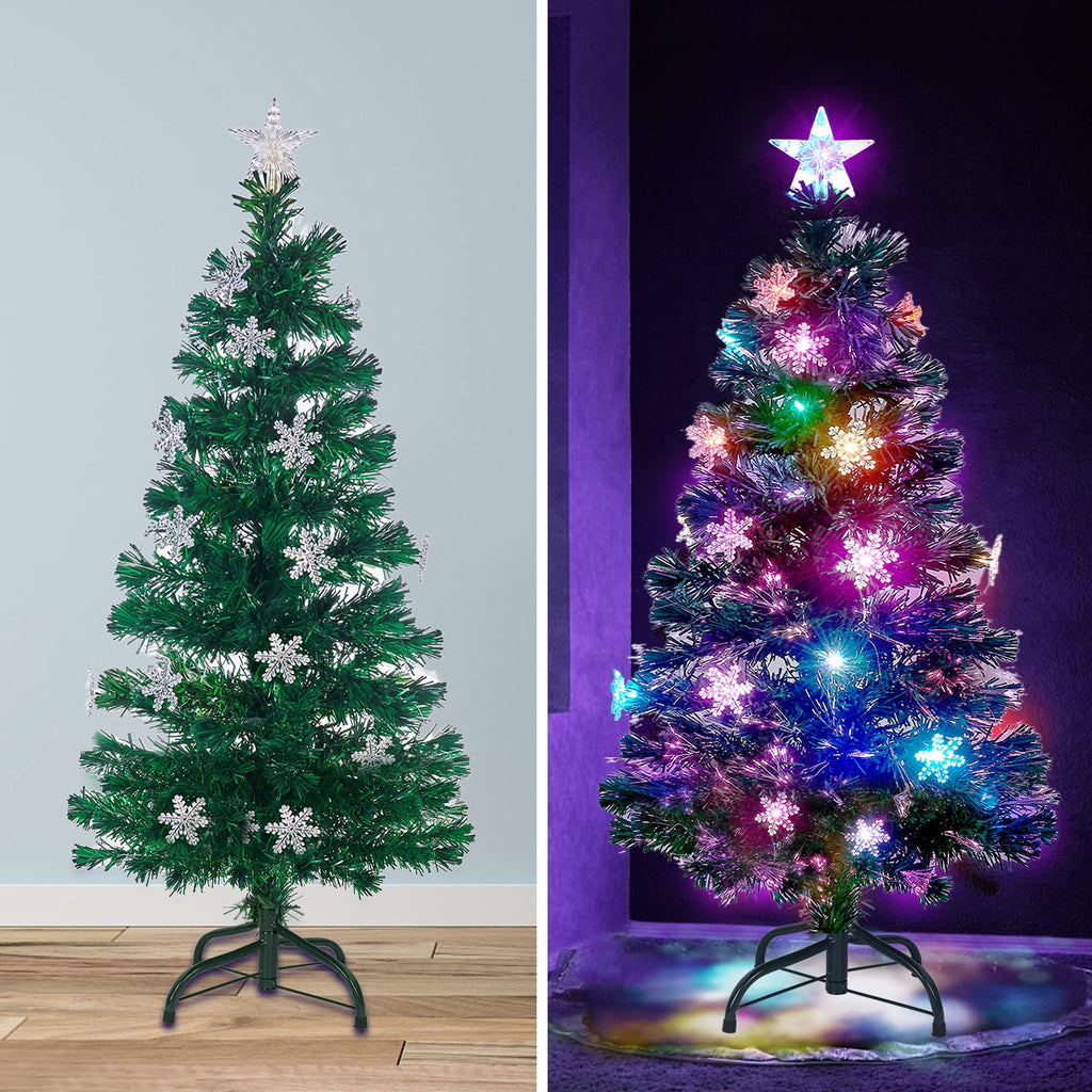 Prsildan 4 FT Artificial Christmas Tree, Pre-Lit Optical Fiber Xmas Trees with Multicolor LED Lights, Snowflakes & Top Star, Lighted Christmas Tree Holiday Home Decor