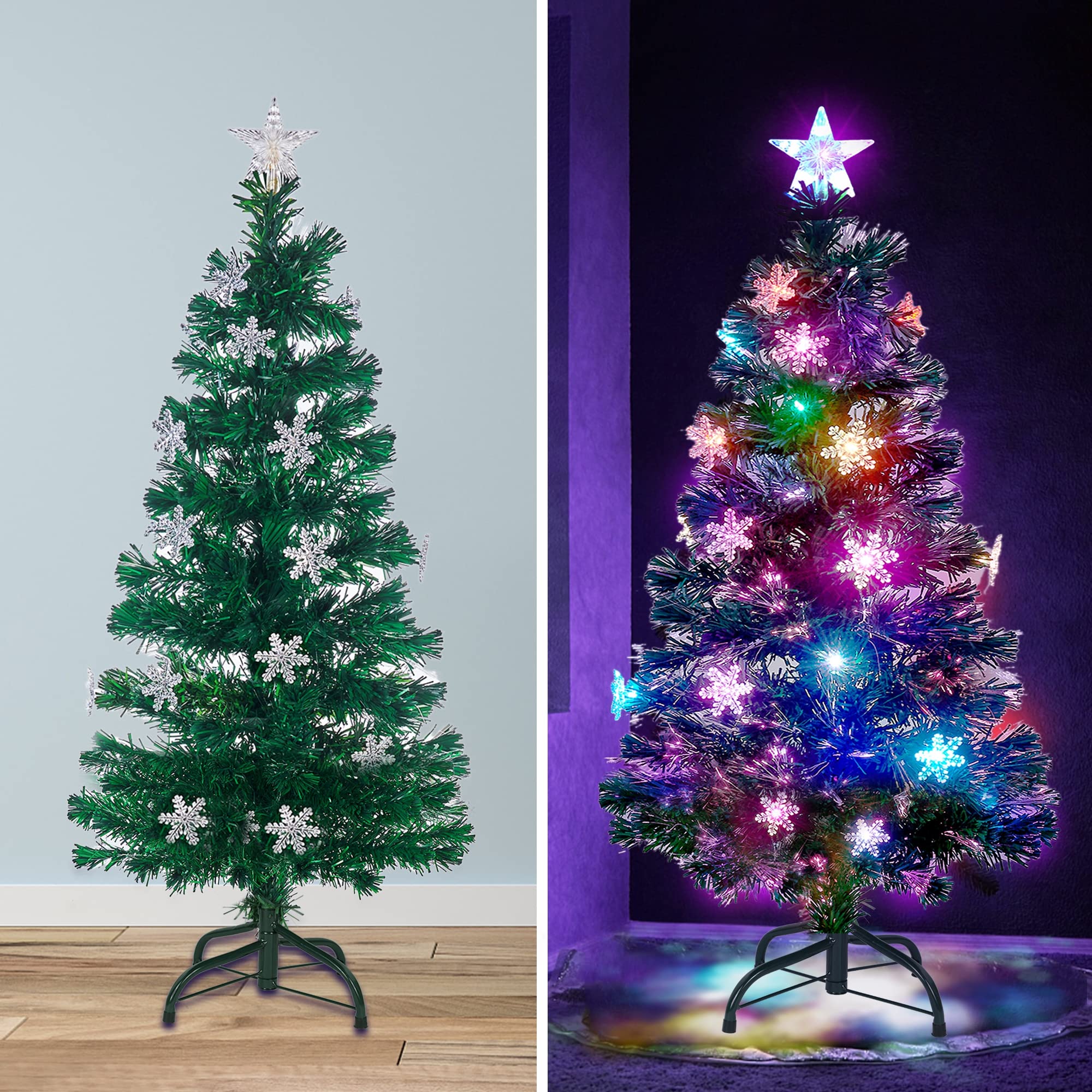 Prsildan 4 FT Artificial Christmas Tree, Pre-Lit Optical Fiber Xmas Trees with Multicolor LED Lights, Snowflakes & Top Star, Lighted Christmas Tree Holiday Home Decor