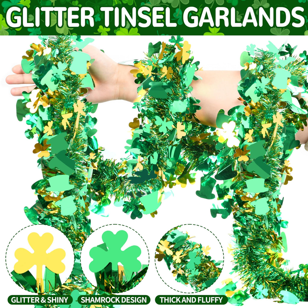 50FT St. Patrick's Day Tinsel Garland Shamrock Hat Green Gold Metallic Tinsel Twist Garland for Irish Saint Patricks Day Party Home Decor Indoor Outdoor Decoration
