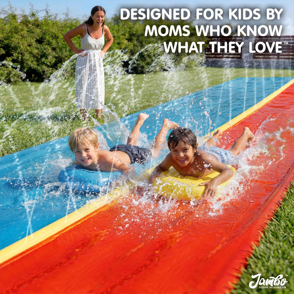 JAMBO Premium Triple Water Slide with 3 Bodyboards, 20Ft Heavy Duty Slip Splash and Slides-Advanced 3-Way Sprinkler System, Splash Pad Mat Backyard Summer Outdoor Water Toys n Long Slides for Kids