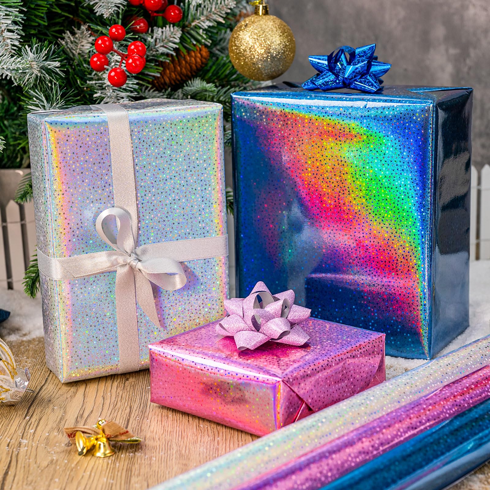 Burymento Black Wrapping Paper Roll, Metallic Holographic Stripe Gift Wrap for Birthday, Valentines, Mothers day, Graduation, Wedding, Fathers day, Baby Shower, Christmas (17 IN x 32.8 FT)