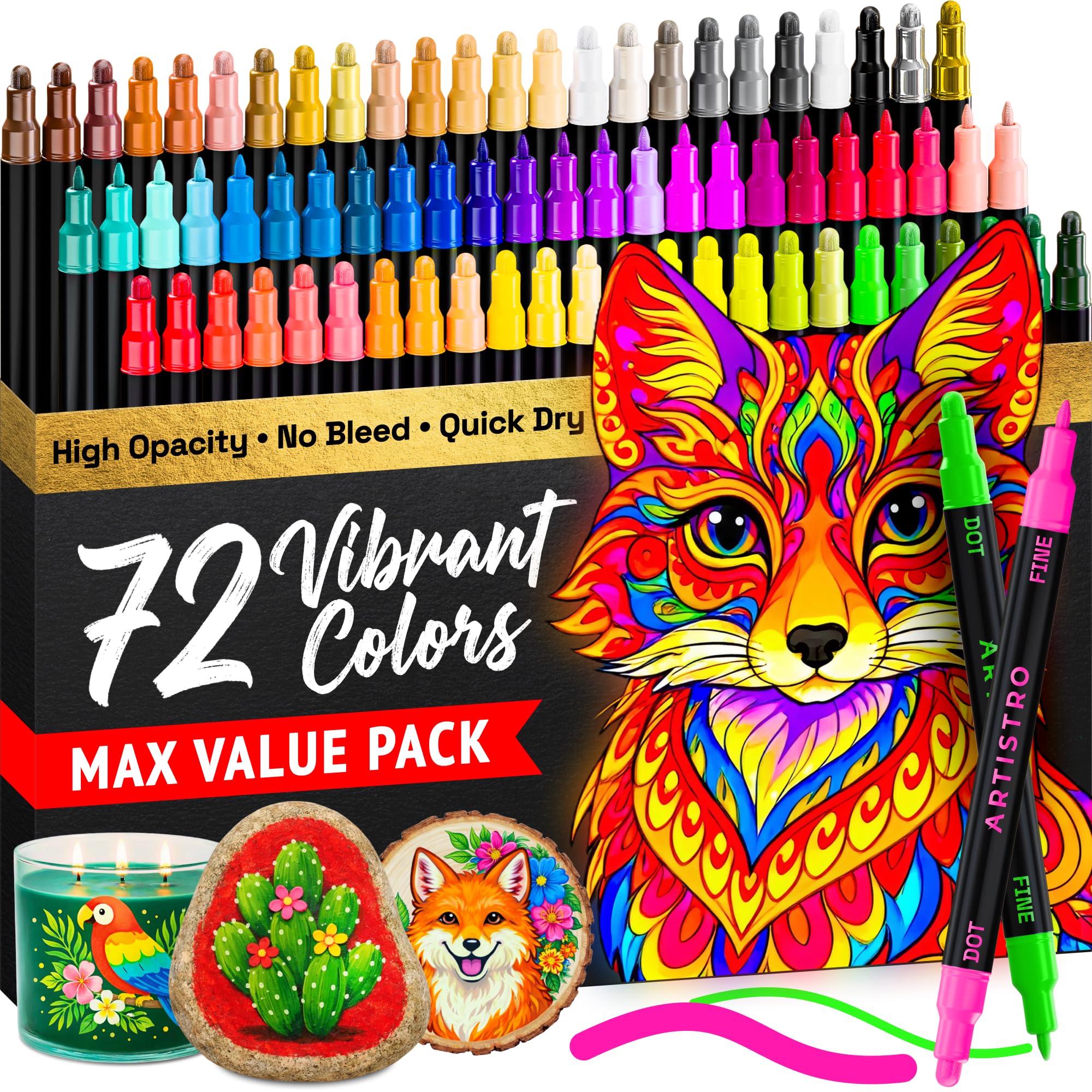 ARTISTRO 36 Dual Tip Pens, Dot & Fine Tips Paint Markers – Paint Pens Set for Fabric, Rock, Glass, Wood, Coloring Books – Arts & Crafts Gift – Classroom Must Haves & School Supplies