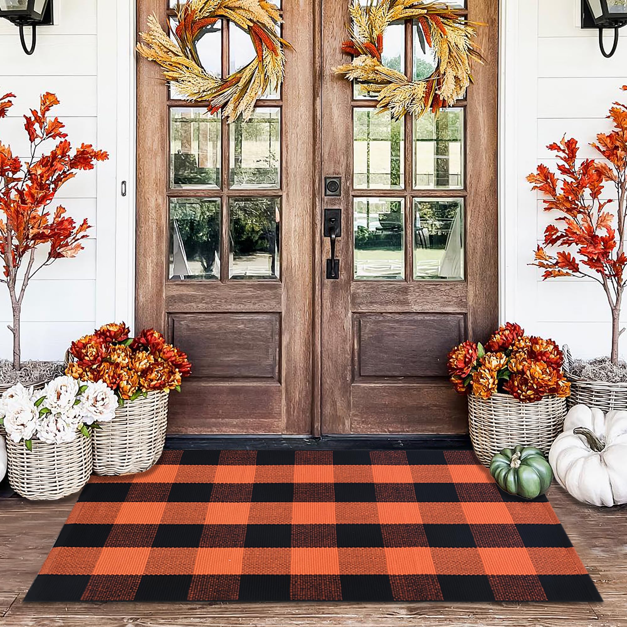 Orange and Black Plaid Rug, 28'' x 43'' Fall Outdoor Front Door Decor Mat, Cotton Washable Hand-Woven Rug for Layered Doormat, Autumn Halloween Thanksgiving Carpet for Porch, Entryway