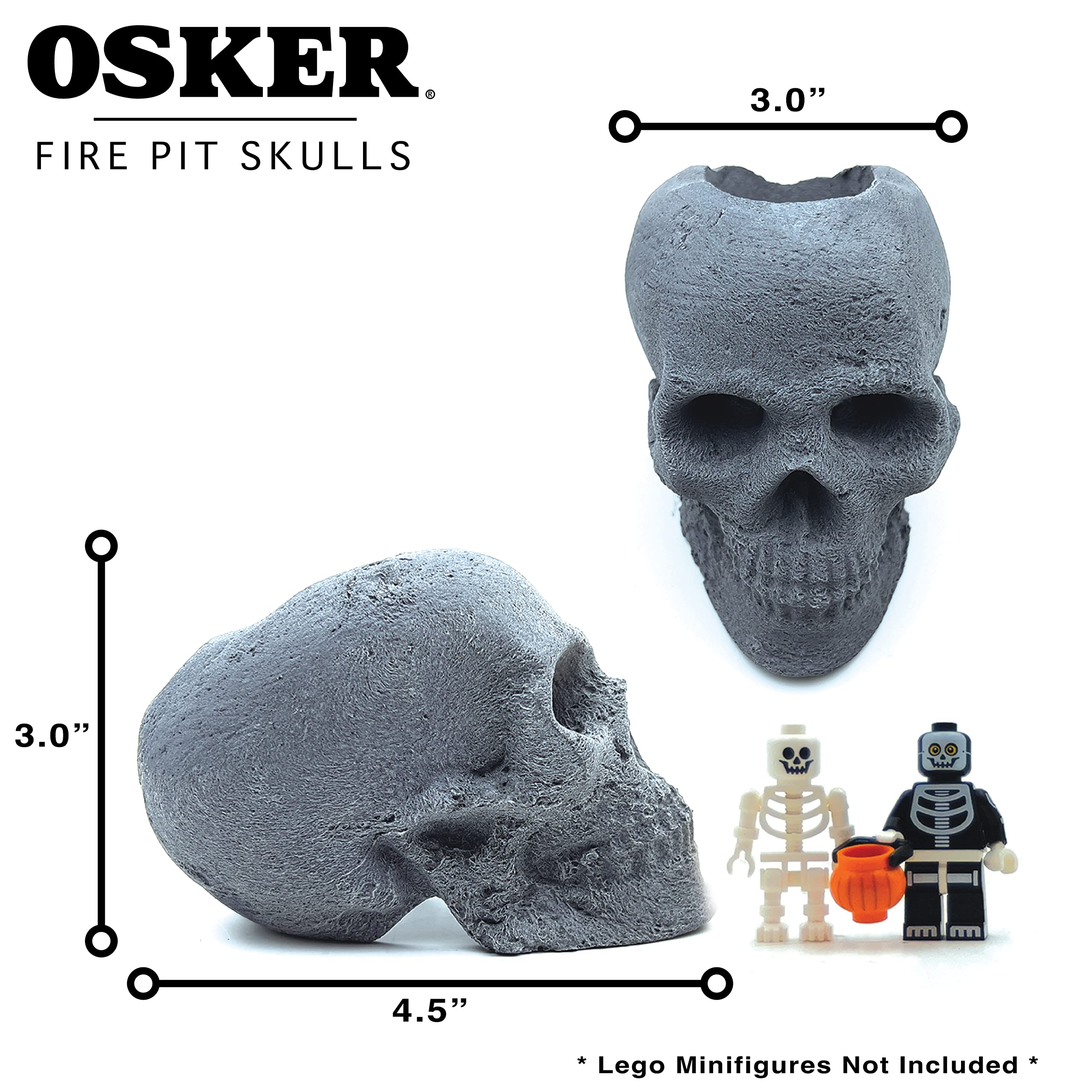 OSKER Fire Pit Skull with Fire Color Changing Packets | Ceramic Fireproof Log for Bonfire, Campfire, Fireplace, Firepit | Halloween Decor | Gas, Propane, or Wood Fires | 9 Inch - Light Beige