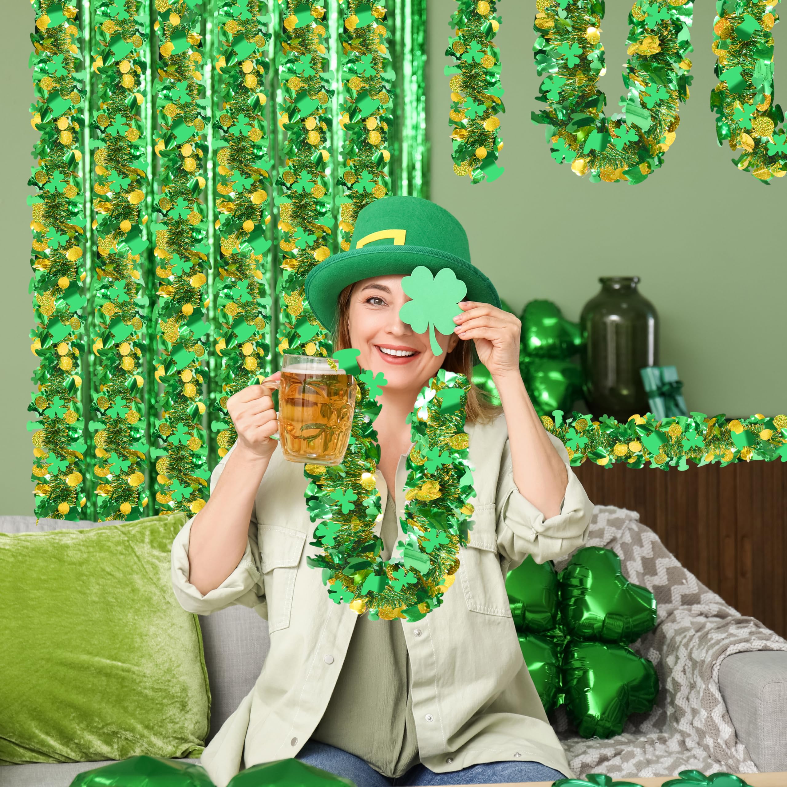 50FT St. Patrick's Day Tinsel Garland Shamrock Hat Green Gold Metallic Tinsel Twist Garland for Irish Saint Patricks Day Party Home Decor Indoor Outdoor Decoration