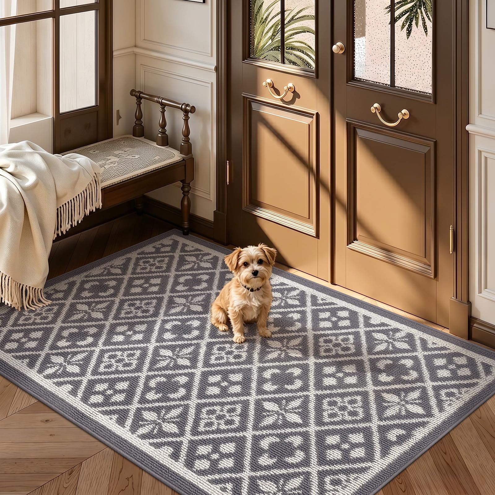Ileading Christmas Entrance Door Mat, Absorbent Dog Mats for Muddy Paws, Low-Profile Small Red Xmas Decor Kitchen Runner Rug with Non-Slip Backing, Machine Washable Entryway Welcome Mat(Red 24"X36")