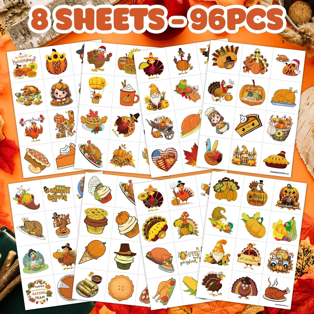96 PCS Funny Happy Thanksgiving Food Pre-cut Temporary Tattoos Stickers Fall Autumn Birthday Party Decorations Supplies Favors Decor Cute Pumpkin Turkeys Dinner Tattoo Gifts Boys Girls Prizes Holiday