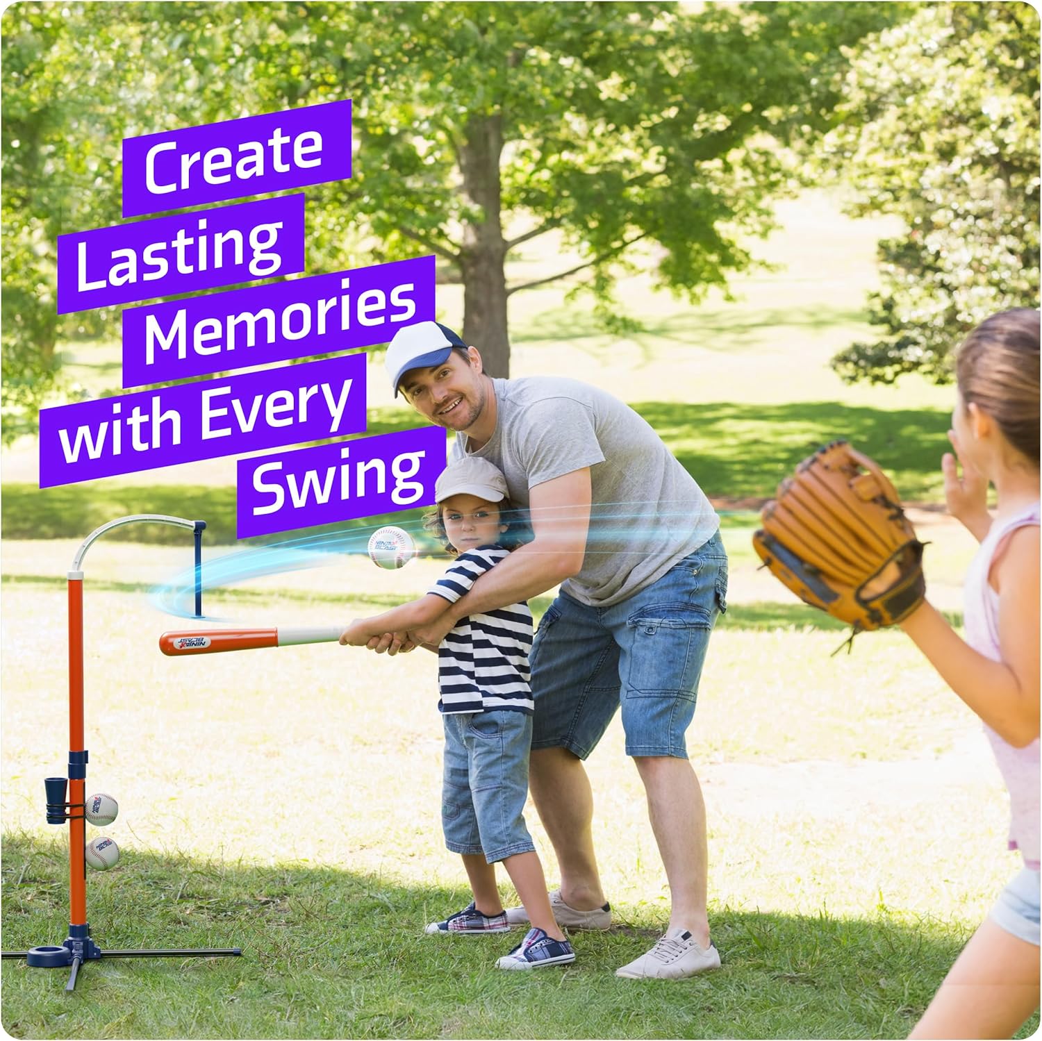 Ninja Blast Tee Ball Set for Kids - 5 Year Old Boy Birthday Gift - Baseball Batting Tee- T Ball Set for Toddlers 3-5 4-6 - Toys for Ages 3 4 5 6 Year Old Boy - Toddler Outdoor Toys, Baseball Tee