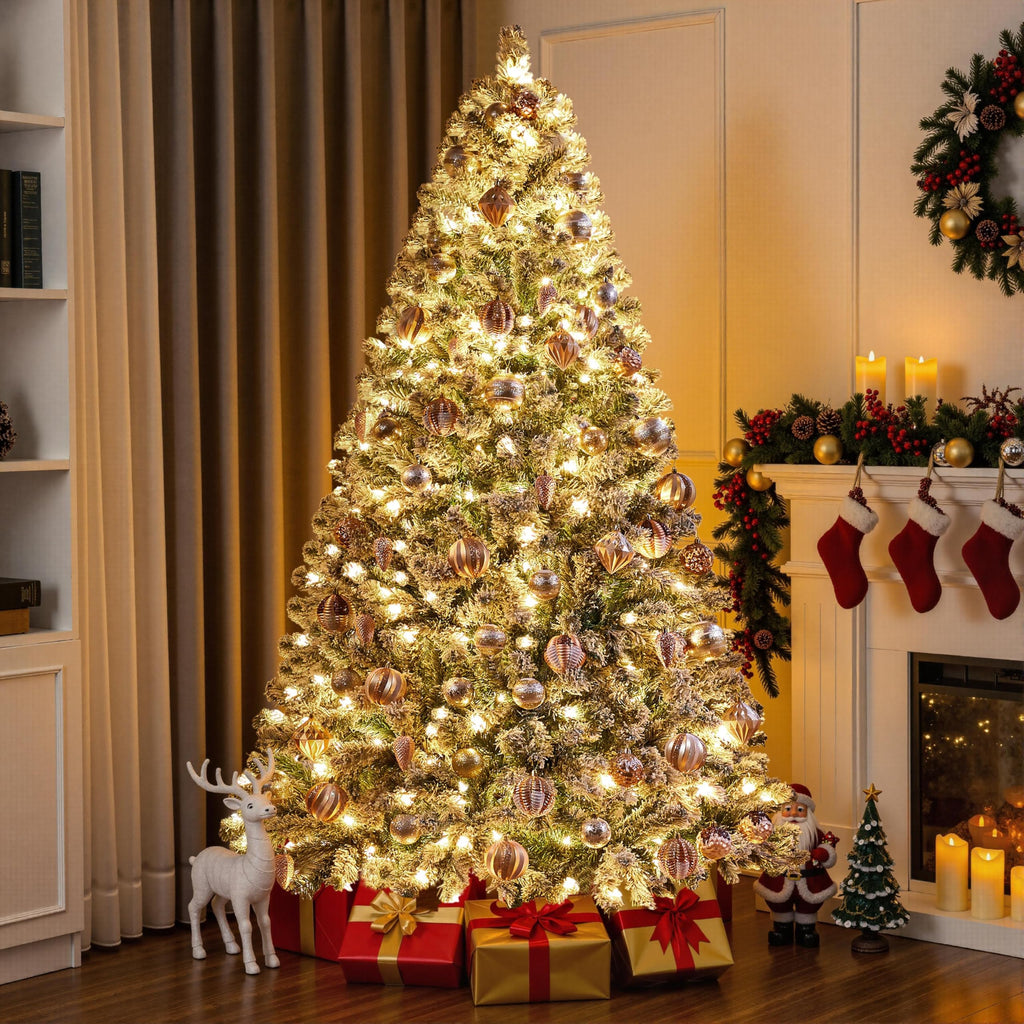 Yaheetech 6ft Snow Flocked Pre-lit Christmas Tree with 250 Warm White Lights, 820 Lush Branch Tips & Quick-Assembly Hinged Design, Full Artificial Xmas Tree for Winter Holiday Décor, Green & White
