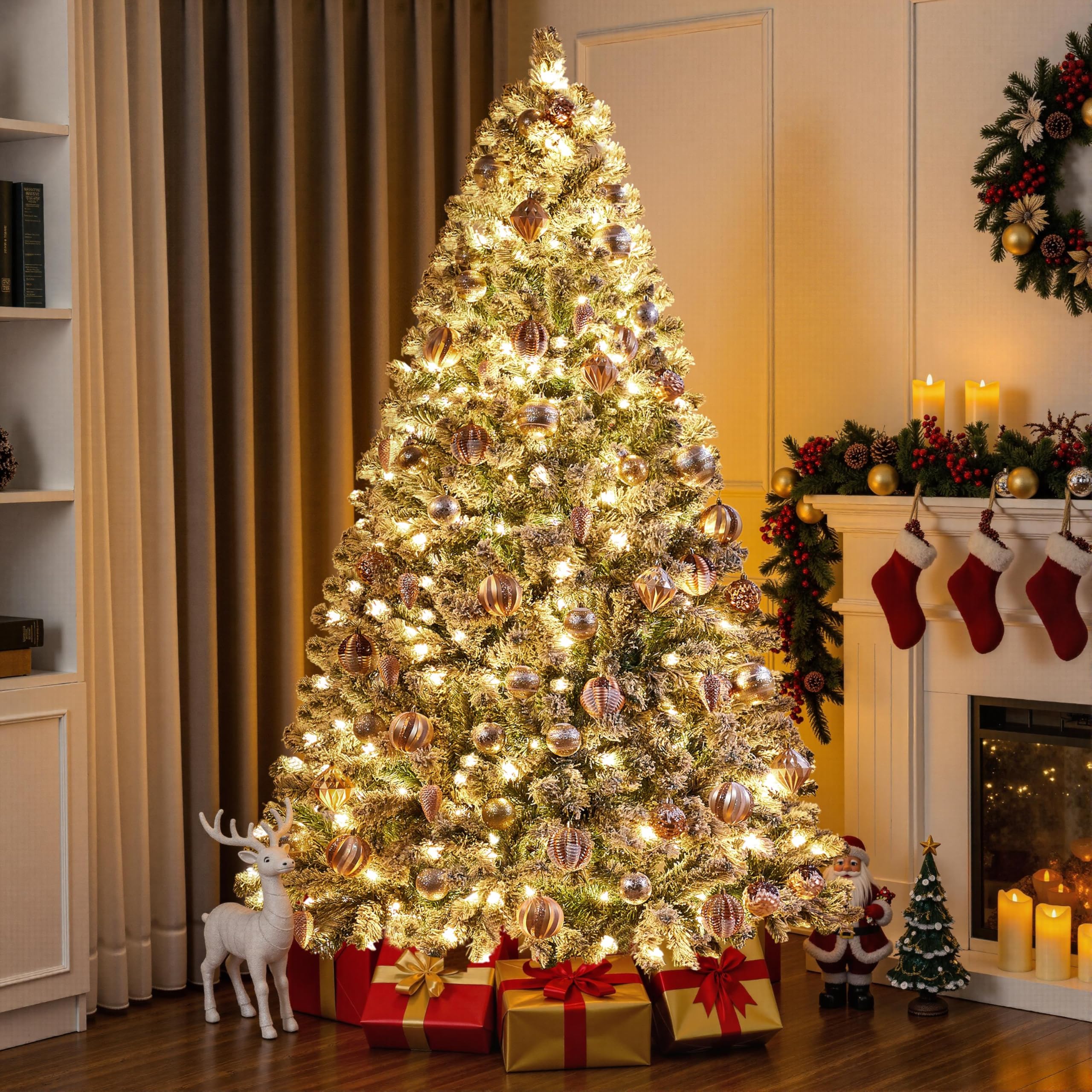 Yaheetech 6ft Snow Flocked Pre-lit Christmas Tree with 250 Warm White Lights, 820 Lush Branch Tips & Quick-Assembly Hinged Design, Full Artificial Xmas Tree for Winter Holiday Décor, Green & White