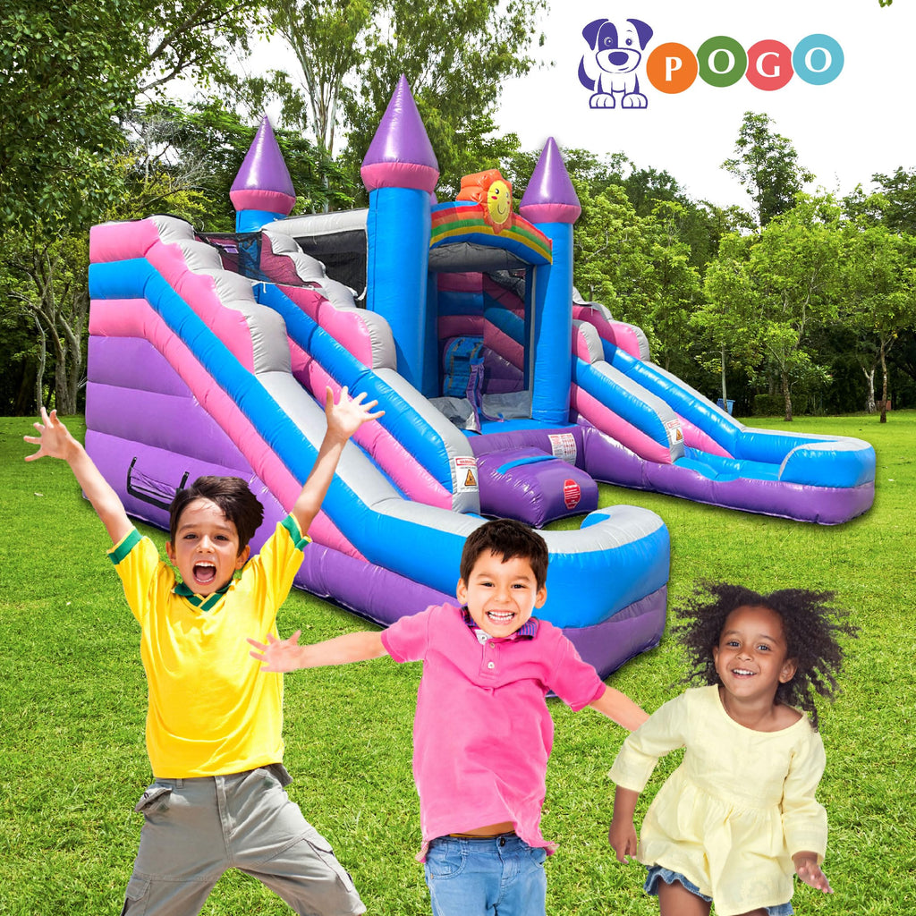 Crossover Tropical Double Water Slide Bounce House Combo, 16.5 x 15 x 11 Foot, PVC Vinyl Inflatable Bouncy House for Kids, Wet or Dry Slides, with Stakes, Storage Bag and 1 HP Blower