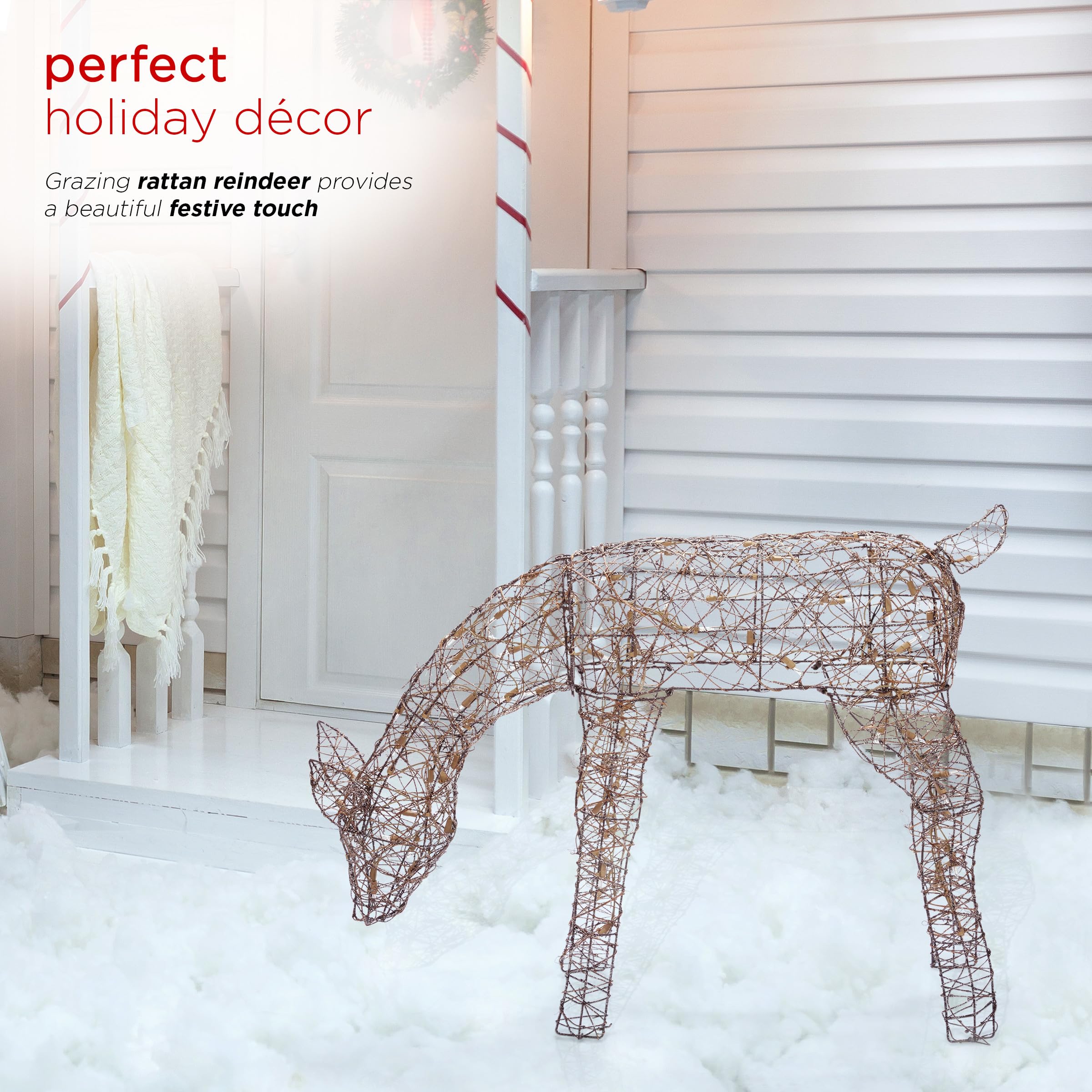 Alpine Corporation 24" Tall Outdoor Rattan Grazing Reindeer Lawn Decoration with White LED Lights, Indoor/Outdoor Christmas Holiday Yard Decor Garden Display