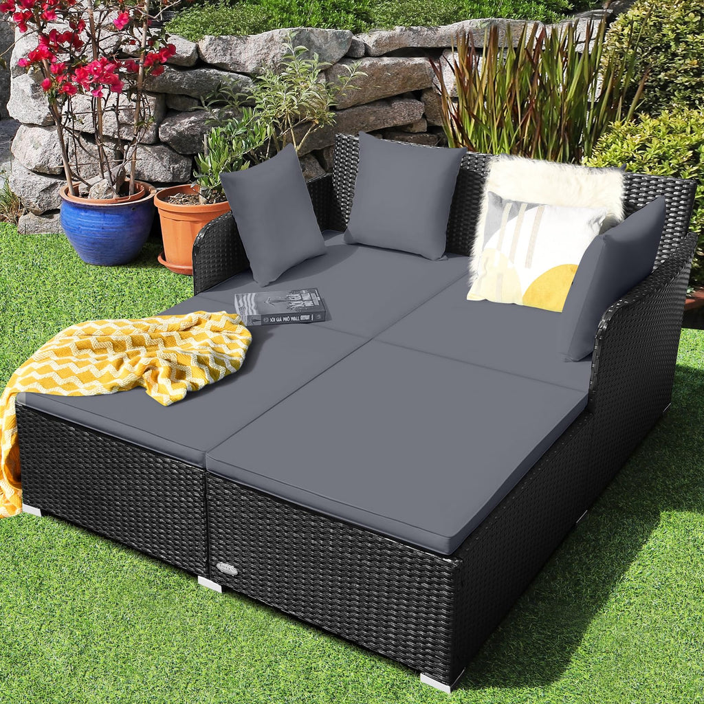 Tangkula Patio Rattan Daybed with Retractable Canopy, Outdoor Wicker Sunbed Lounger with 2 Foldable Side Tables, Thick Seat & Back Cushions, Outside Double Daybed for Garden, Backyard, Porch