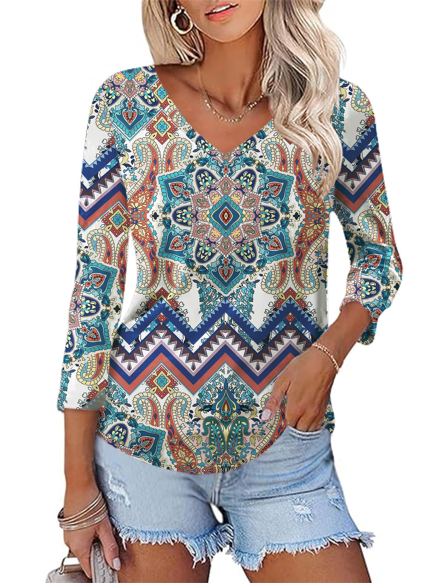 KTILG Women's V Neck T Shirts 3/4 Sleeve Blouse Summer Tops Dressy Casual Solid Basic Tees