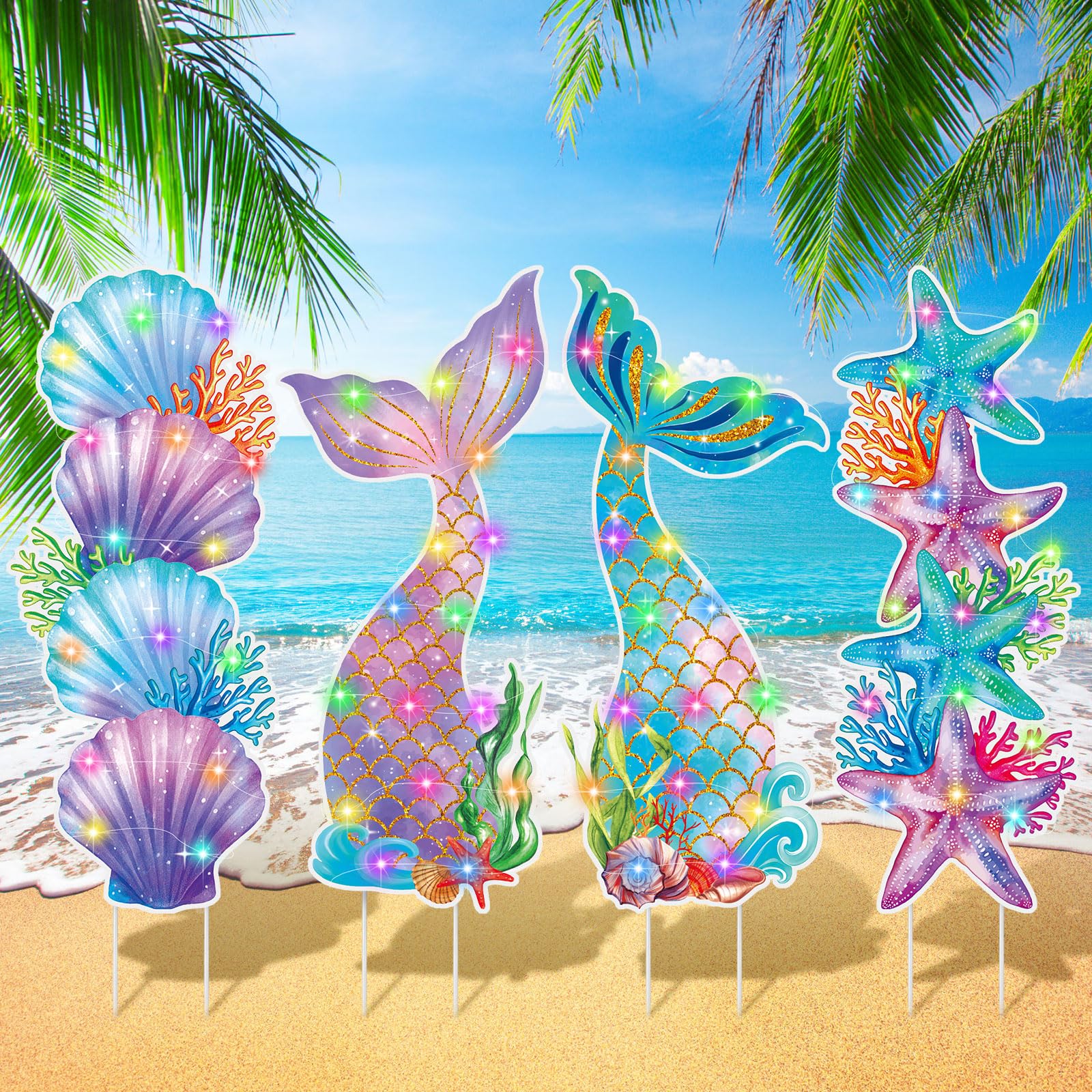 Bencailor 4 Pcs Summer Outdoor Yard Decoration Summer Beach Pool Yard Signs with Stakes LED Hawaiian Themed Party Supplies Beach Ball Surfboard Slipper Decor for Outdoor Lawn Garden Patio