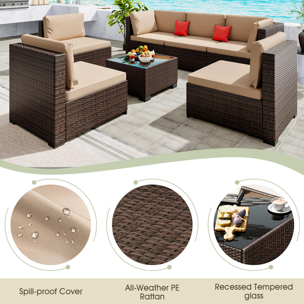 LHBcraft 7 Piece Patio Outdoor Furniture Set, Outdoor Sectional, All-Weather Manual Weaving PE Rattan Wicker Patio Sectional Sofa, Rattan Outside Furniture with Black Cushion and Glass Coffee Table