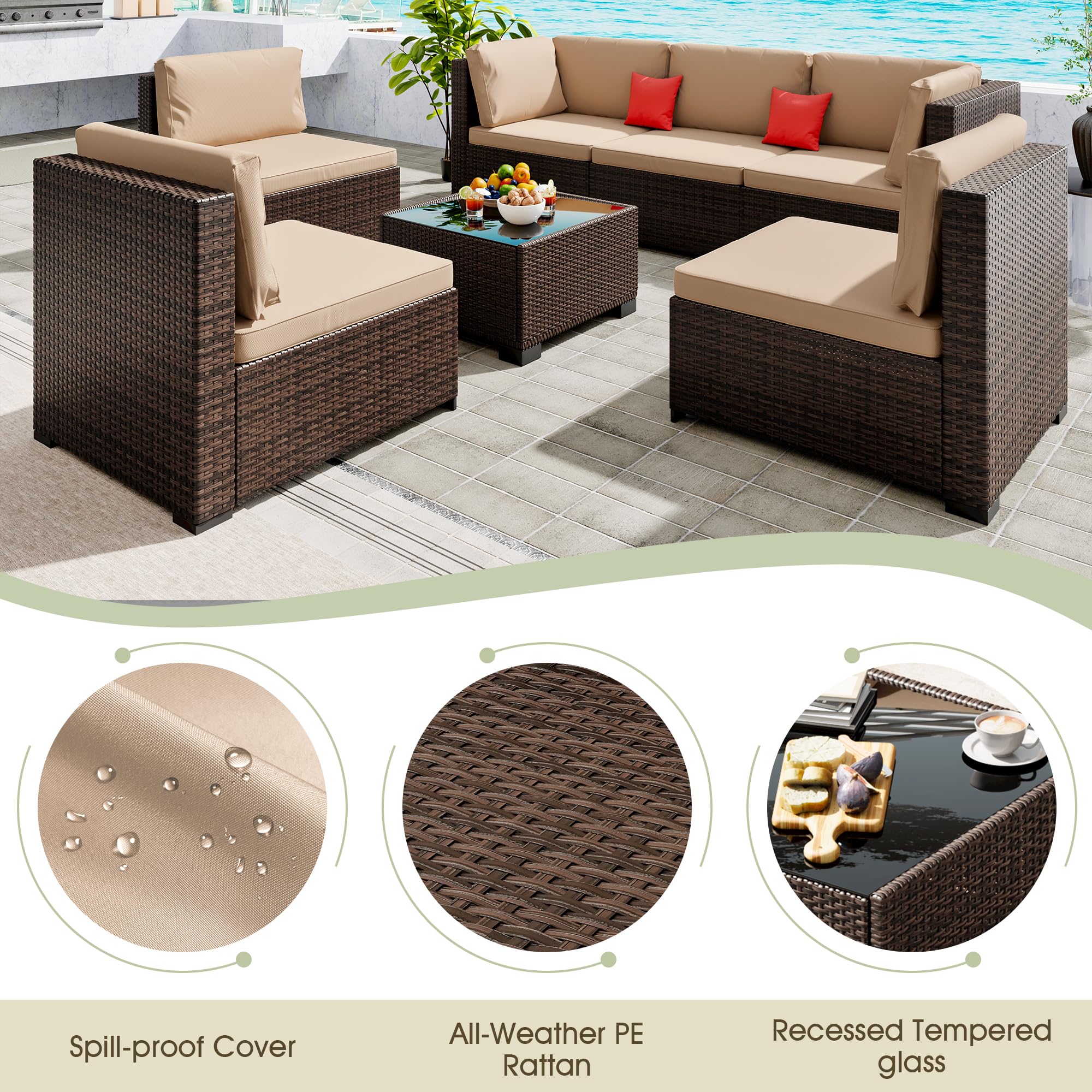 LHBcraft 7 Piece Patio Outdoor Furniture Set, Outdoor Sectional, All-Weather Manual Weaving PE Rattan Wicker Patio Sectional Sofa, Rattan Outside Furniture with Black Cushion and Glass Coffee Table