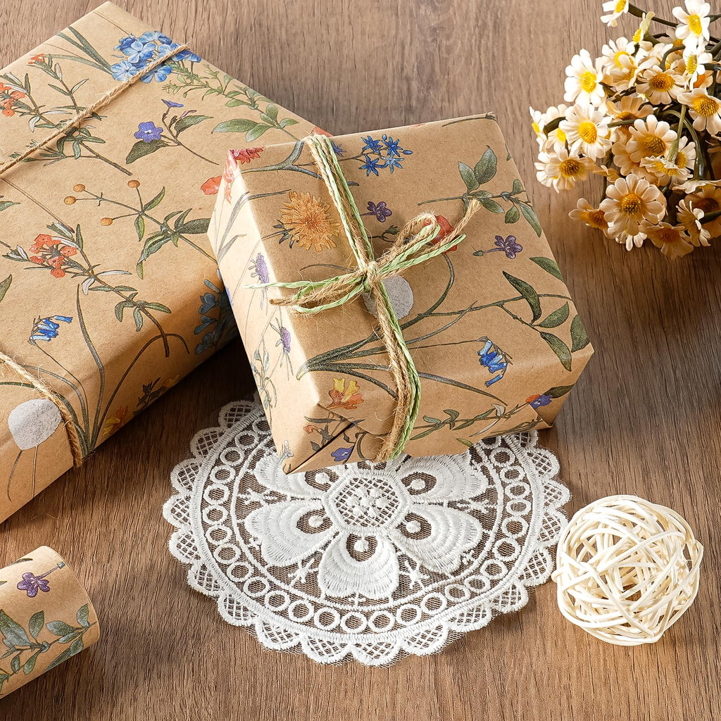 WRAPAHOLIC Kraft Floral Wrapping Paper Roll - Mini Roll - 17 Inch x 9.8 Feet - Spring Summer Garden Flower Design Perfect for Wedding, Bridal Shower, Birthday