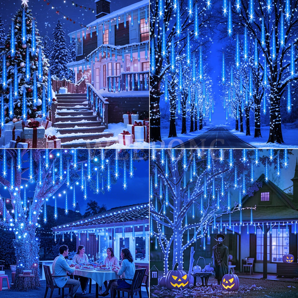 Weepong Halloween Lights Outdoor, Meteor Shower Christmas Lights for Halloween Decorations, 8 Tube 192 LED Snow Falling Rain Icicle String Light for Xmas Christmas Decor Tree Party, UL Plug Green
