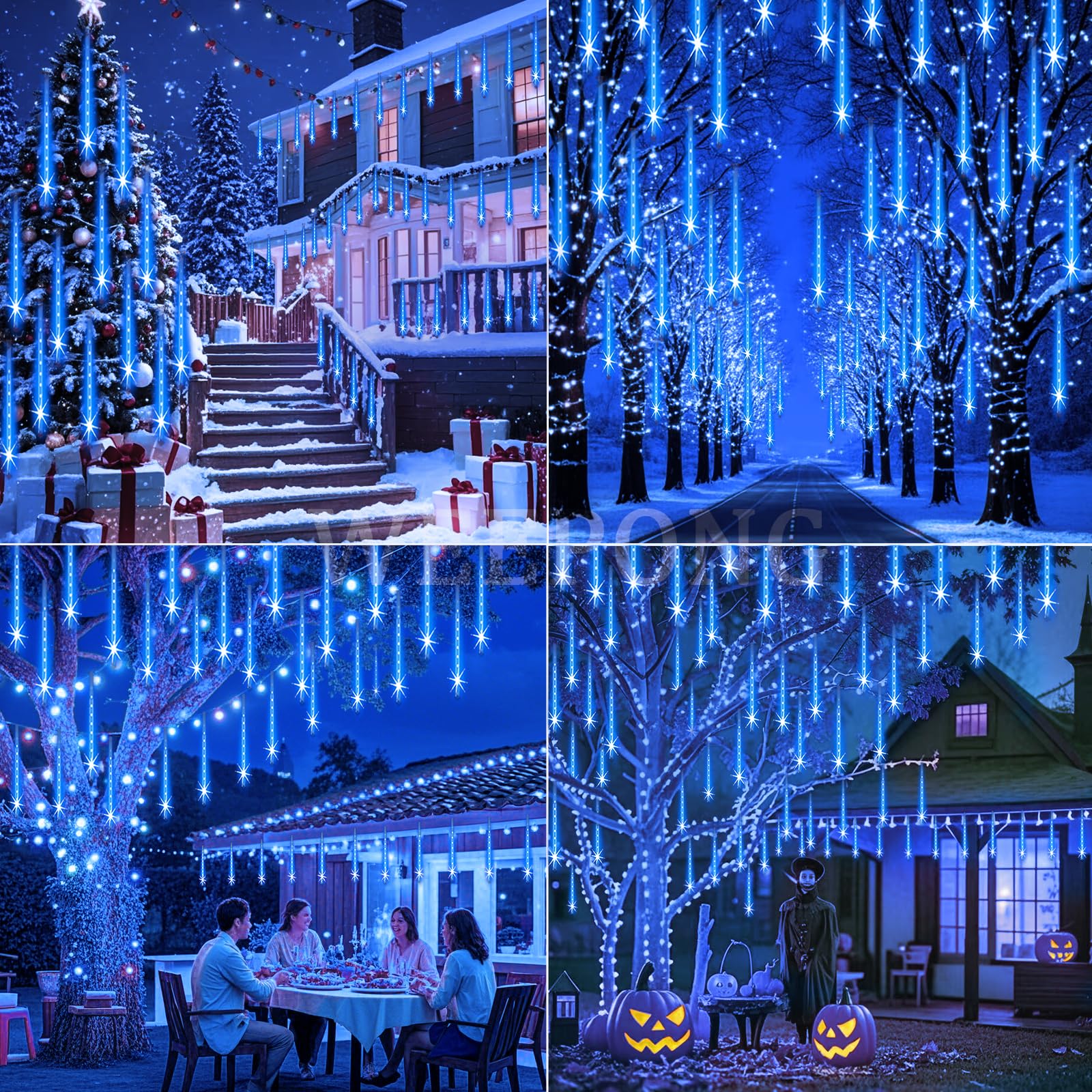 Weepong Halloween Lights Outdoor, Meteor Shower Christmas Lights for Halloween Decorations, 8 Tube 192 LED Snow Falling Rain Icicle String Light for Xmas Christmas Decor Tree Party, UL Plug Green
