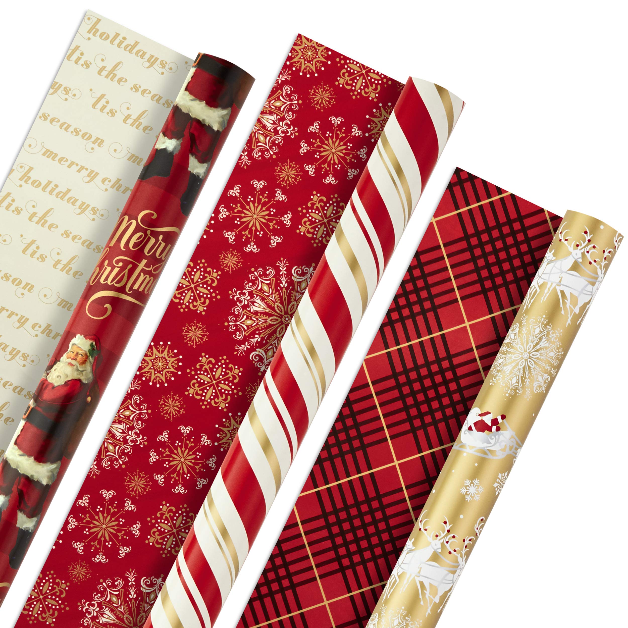 Hallmark Christmas Wrapping Paper Rolls - Traditional Holiday Gift Wrap Paper (Set of 3 Reversible Rolls: 120 sq. ft. Ttl) Red and Gold Snowflakes, Stripes, Plaid, Santa's Sleigh