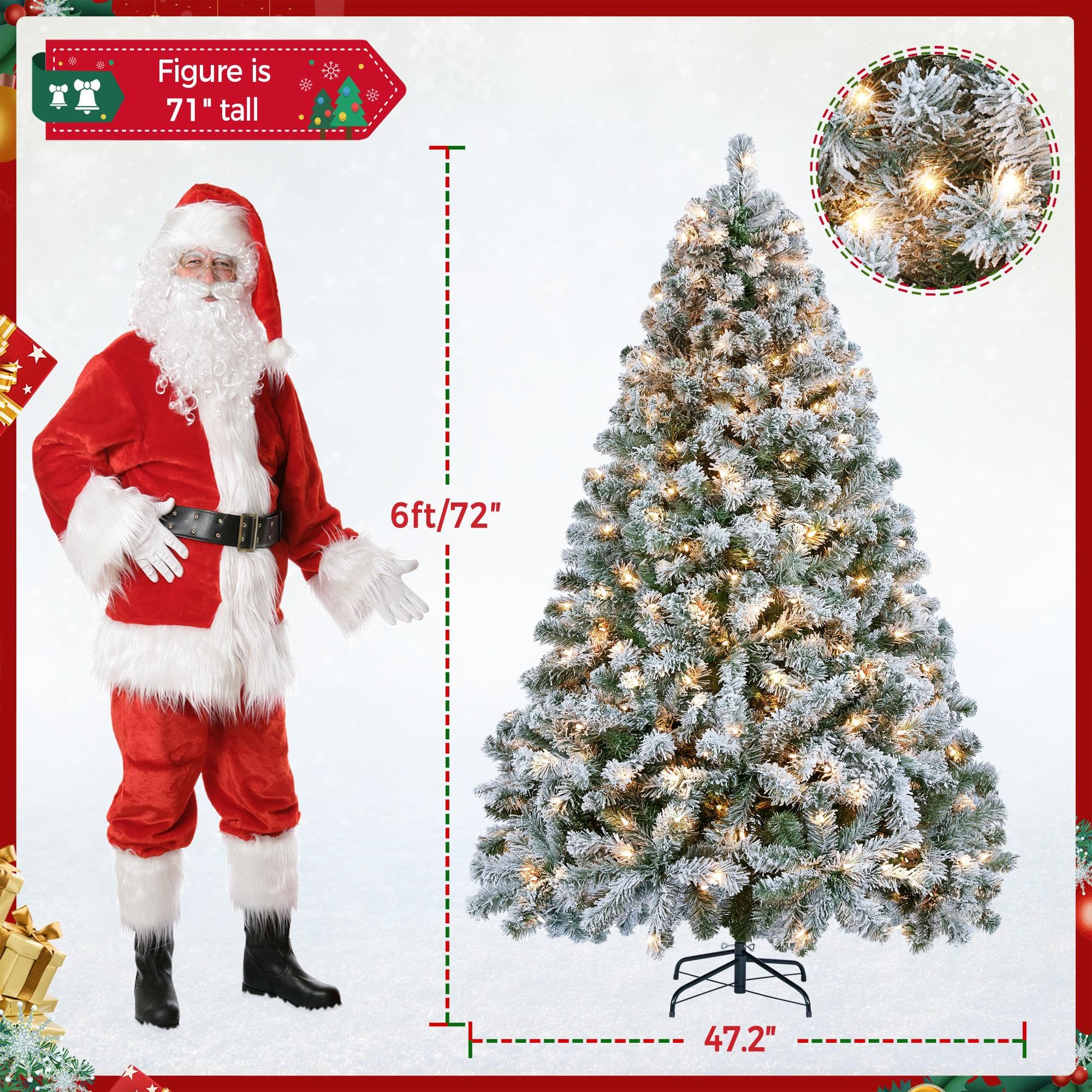 Yaheetech 6ft Snow Flocked Pre-lit Christmas Tree with 250 Warm White Lights, 820 Lush Branch Tips & Quick-Assembly Hinged Design, Full Artificial Xmas Tree for Winter Holiday Décor, Green & White