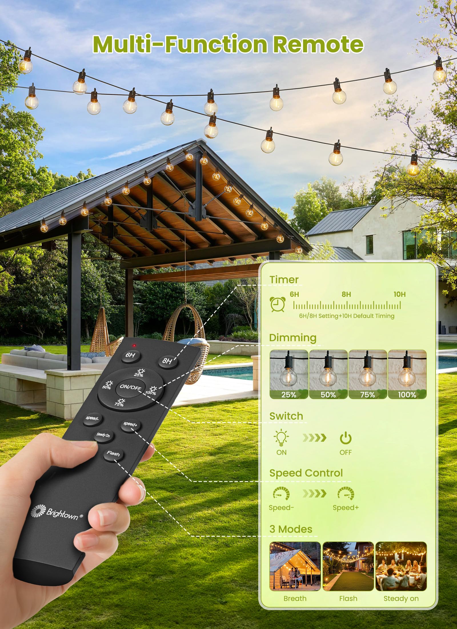 Brightown 58FT Solar String Lights Outdoor with Remote Cable Ties Hooks, 26 LED Shatterproof Bulbs, 3 Light Modes, Dimmer & Timer, Commercial Grade Patio Lights for Yard Balcony Pergola Party Decor