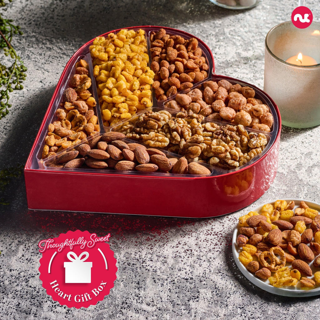 NUT CRAVINGS - Fathers Day Treats, Gift For Dad, Mixed Nuts Heart Shaped Gift Basket, Love in A Box (6 Assortments, 2 LB) Romantic Food Arrangement, Healthy Snack Care Package, Food Assortments