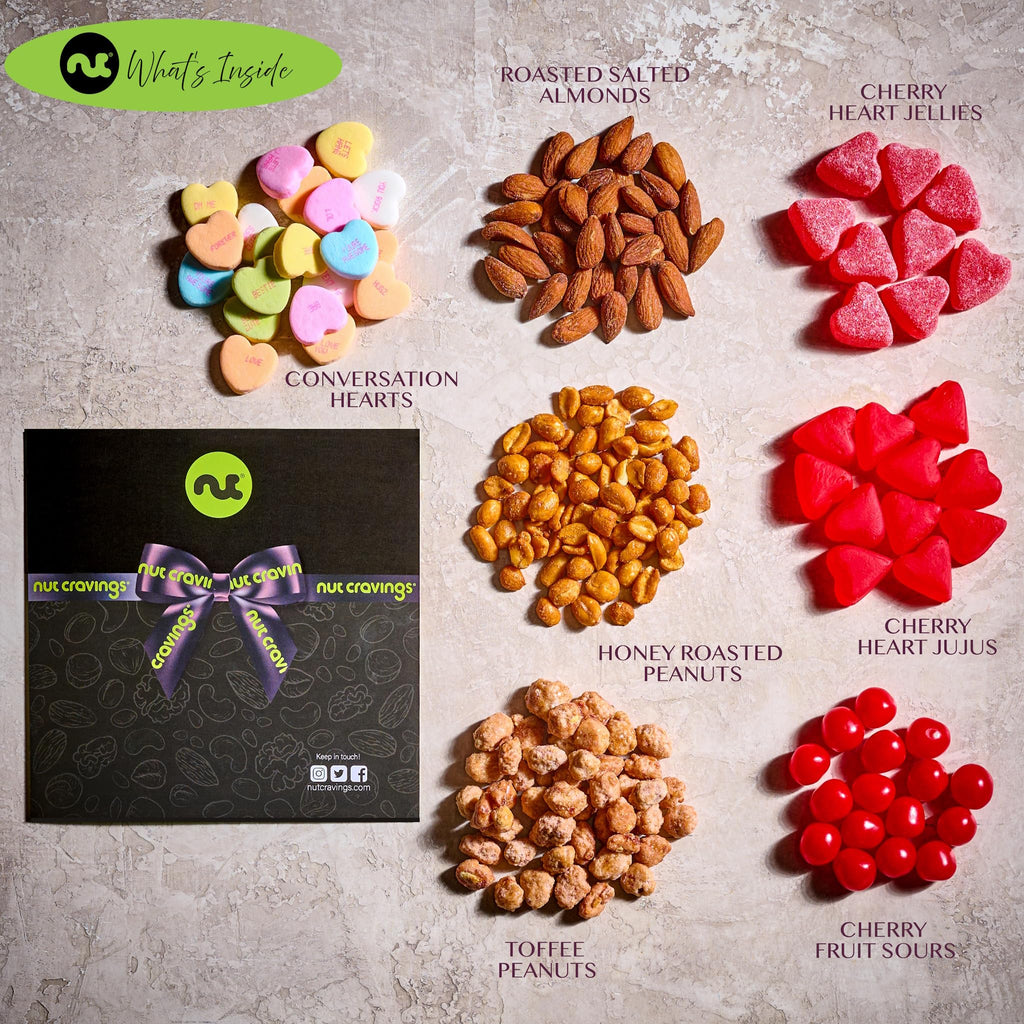 NUT CRAVINGS - Fathers Day Treats, Gift For Dad, Mixed Nuts Heart Shaped Gift Basket, Love in A Box (6 Assortments, 2 LB) Romantic Food Arrangement, Healthy Snack Care Package, Food Assortments