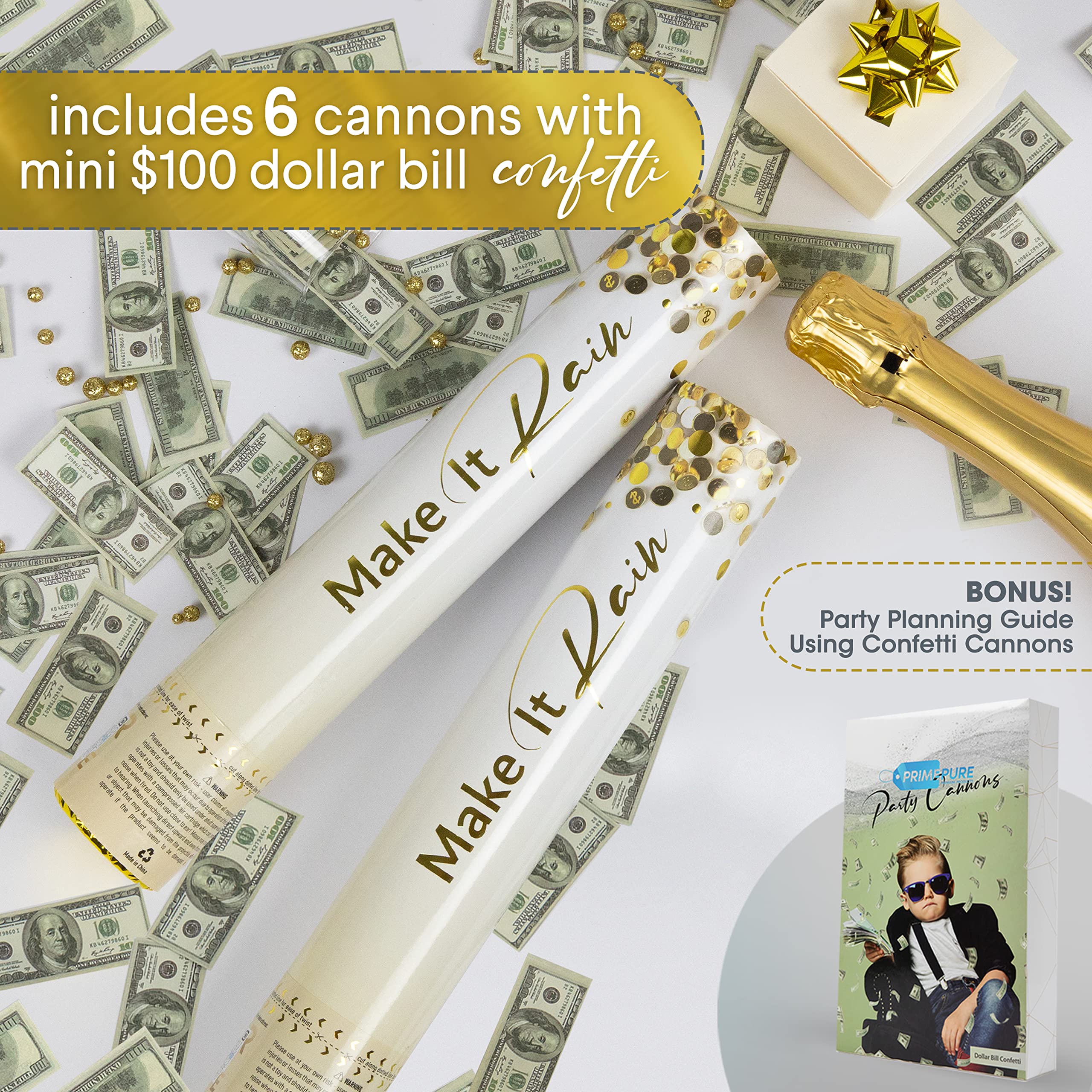 PrimePure Confetti Cannon Party Poppers - Gold Star Confetti Poppers - 2 Pack - Make It Rain Gold Glitter Stars Party Cannons Pop Gun for Birthday, Wedding, Graduation, Celebration, Events, Pranks