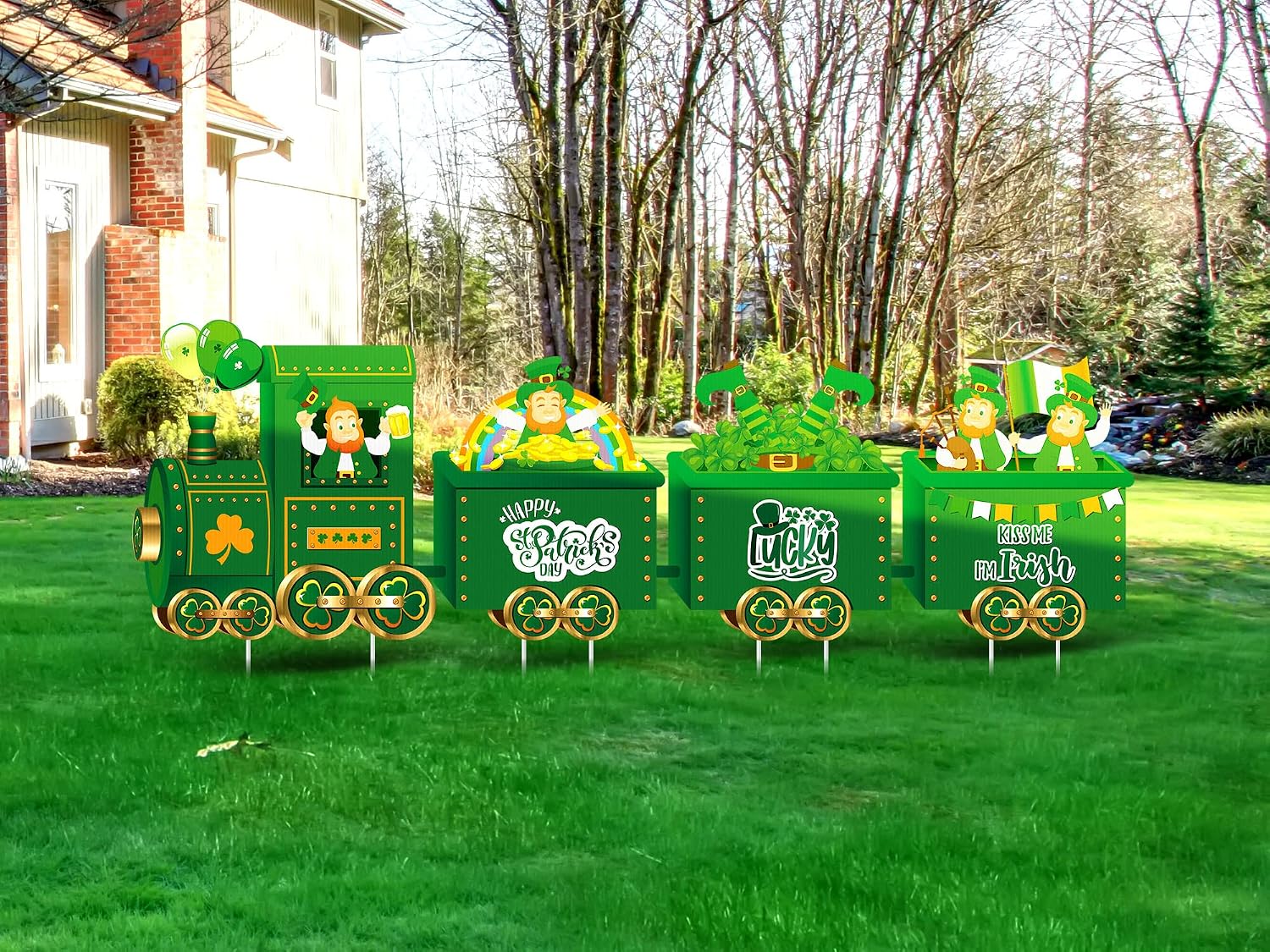 4 Pcs St. Patrick's Day Yard Sign Decorations Train Lawn Outdoor Decor with Stakes Leprechaun Shamrock Balloon Hat Rainbow Sign Irish St Patrick's Day Yard Decor Saint Patty's Day Outdoor Decorations