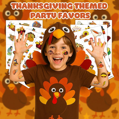 96 PCS Funny Happy Thanksgiving Food Pre-cut Temporary Tattoos Stickers Fall Autumn Birthday Party Decorations Supplies Favors Decor Cute Pumpkin Turkeys Dinner Tattoo Gifts Boys Girls Prizes Holiday