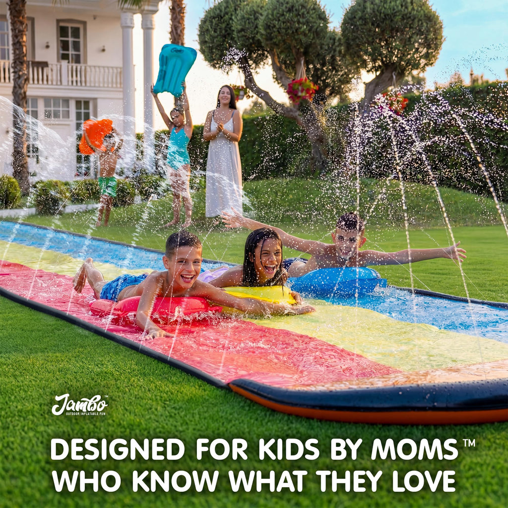 JAMBO Premium Triple Water Slide with 3 Bodyboards, 20Ft Heavy Duty Slip Splash and Slides-Advanced 3-Way Sprinkler System, Splash Pad Mat Backyard Summer Outdoor Water Toys n Long Slides for Kids